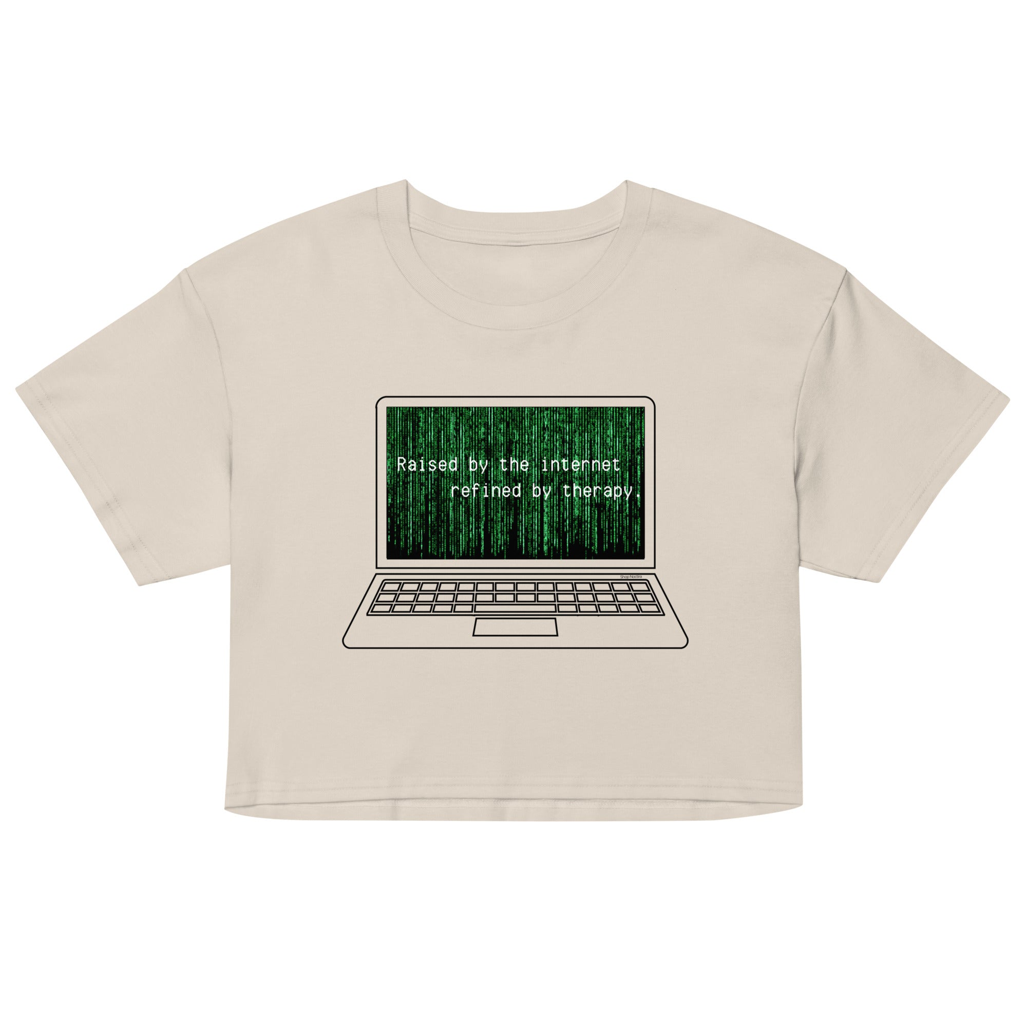 Beige crop top with a graphic of a laptop and text on a white background