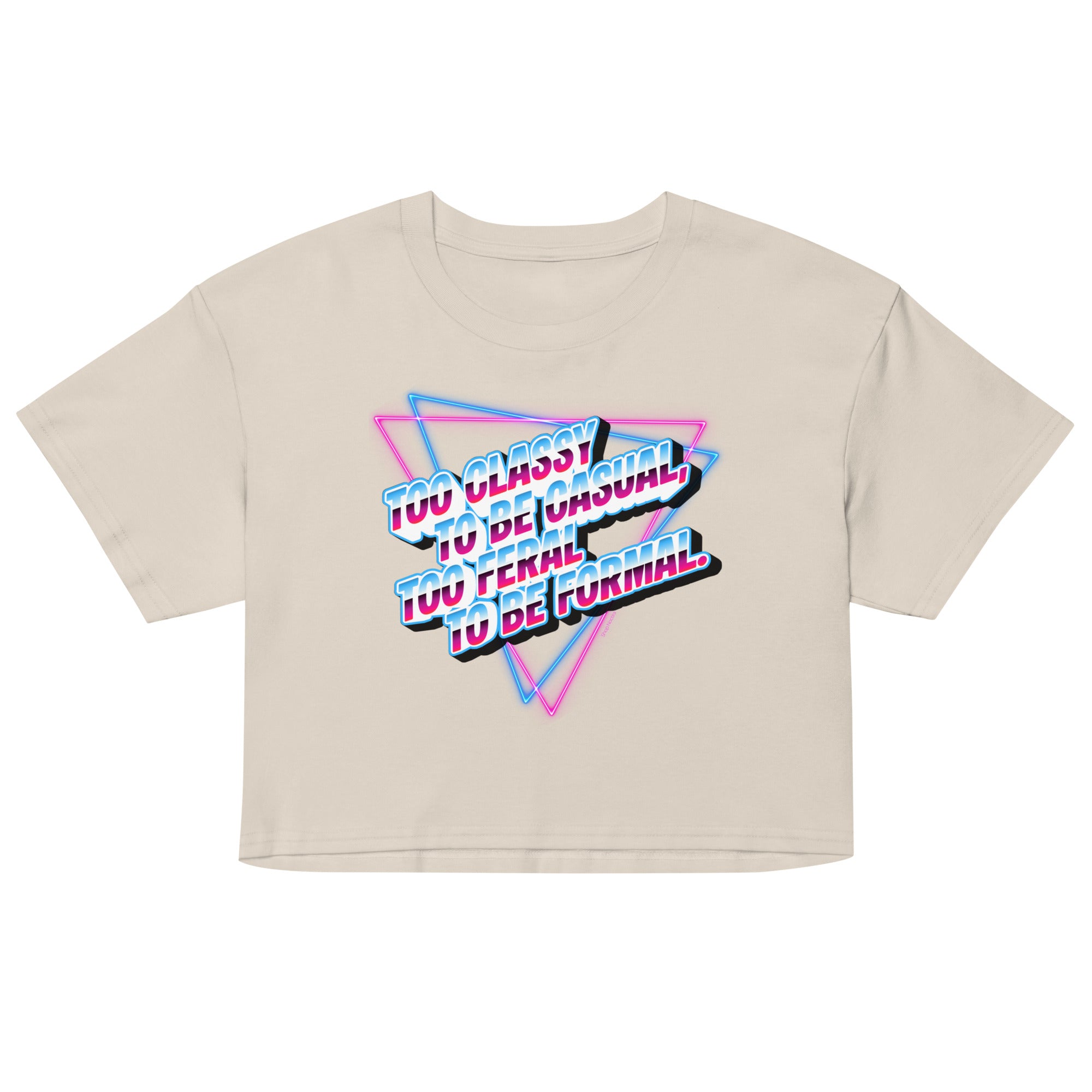 Beige crop top with colorful graphic design on a white background