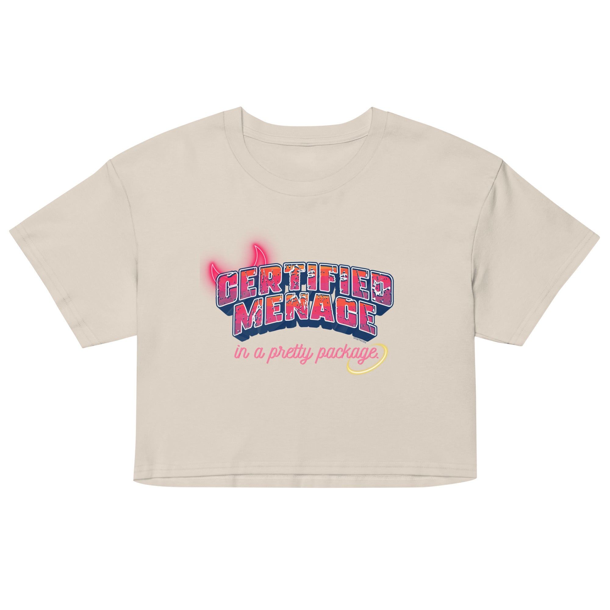 Beige crop top with colorful text design on a white background