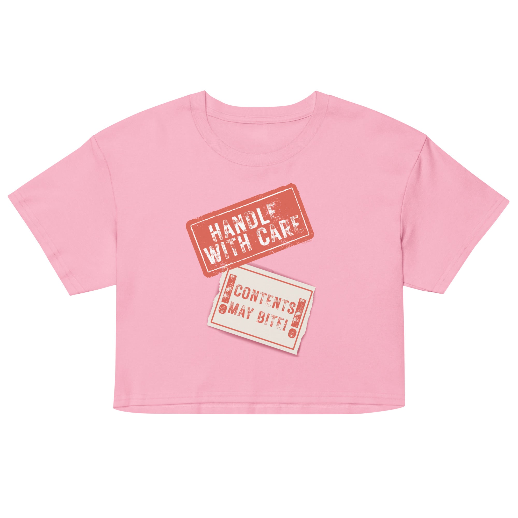 Pink crop top with 'Handle with Care' and 'Contents May Vary' text on a white background