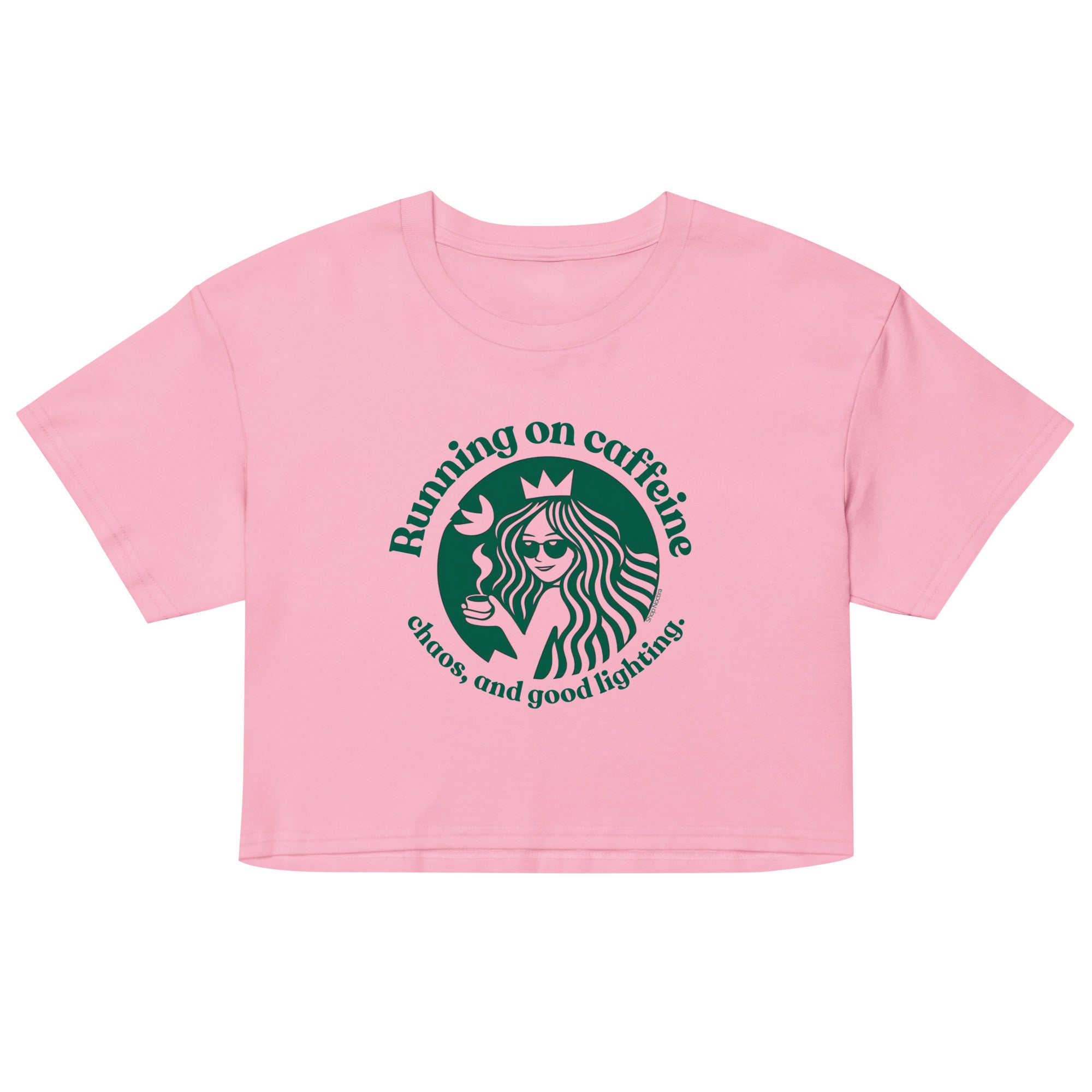 Pink crop top with logo and text on a white background