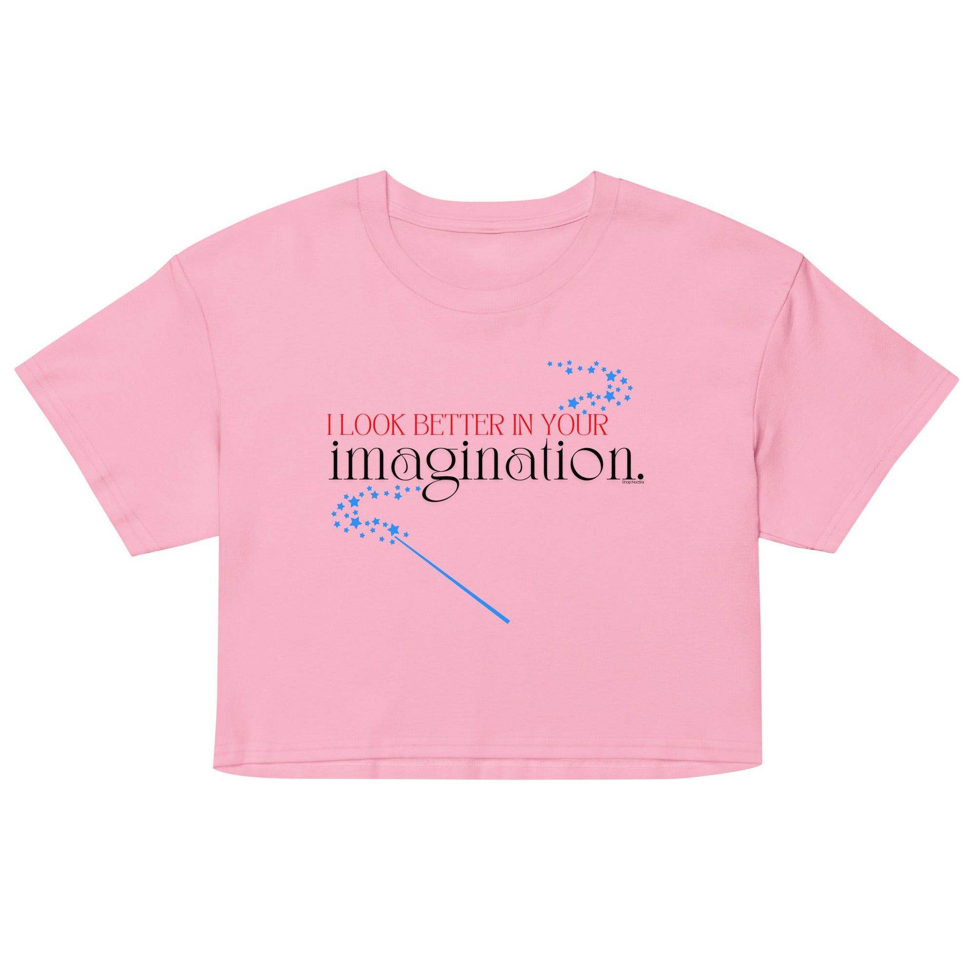 Pink crop top with text and blue design on a white background