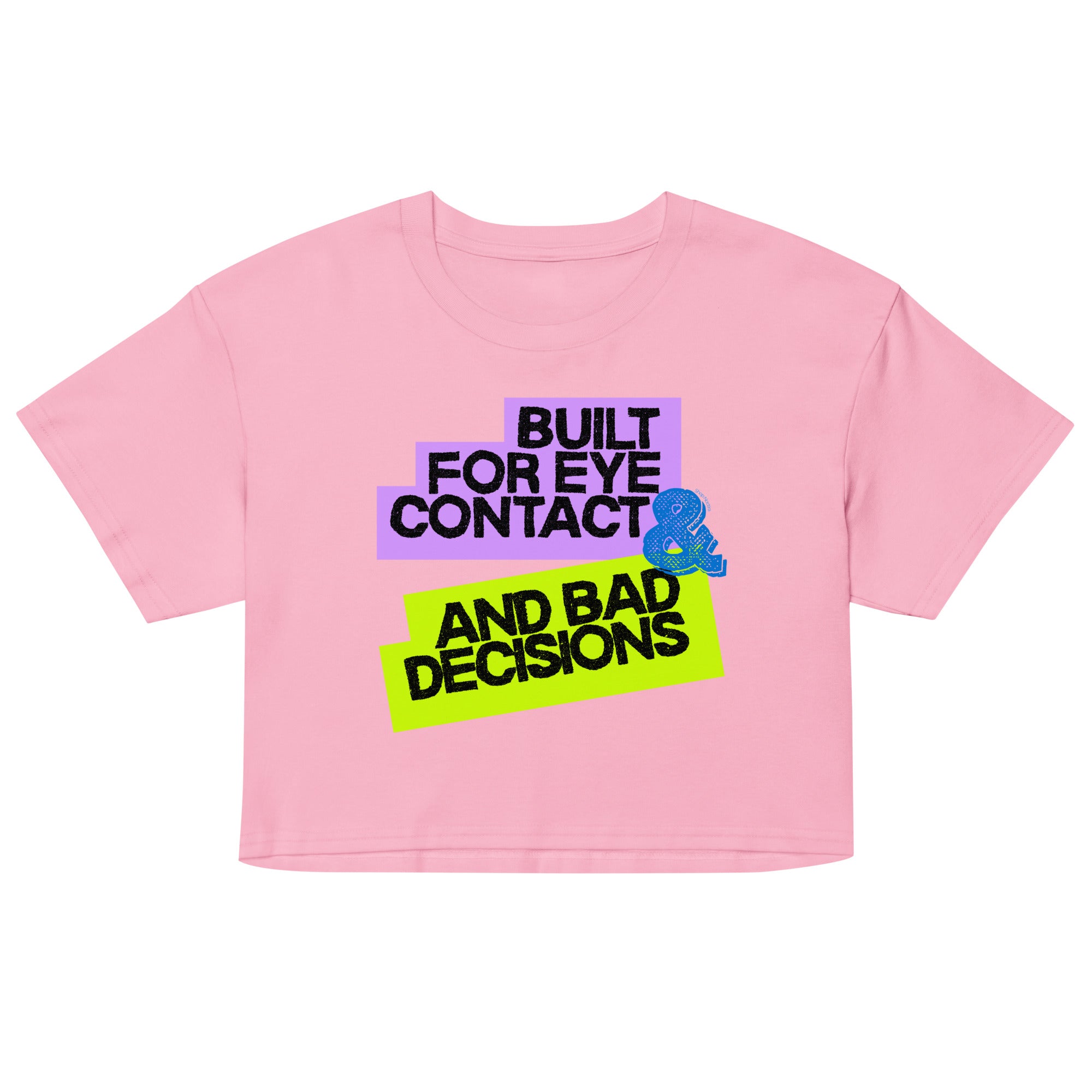 Pink crop top with colorful text design on a white background