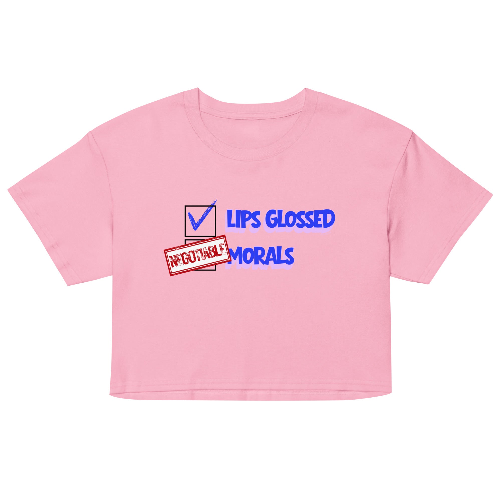 Pink crop top with graphic text design on a white background