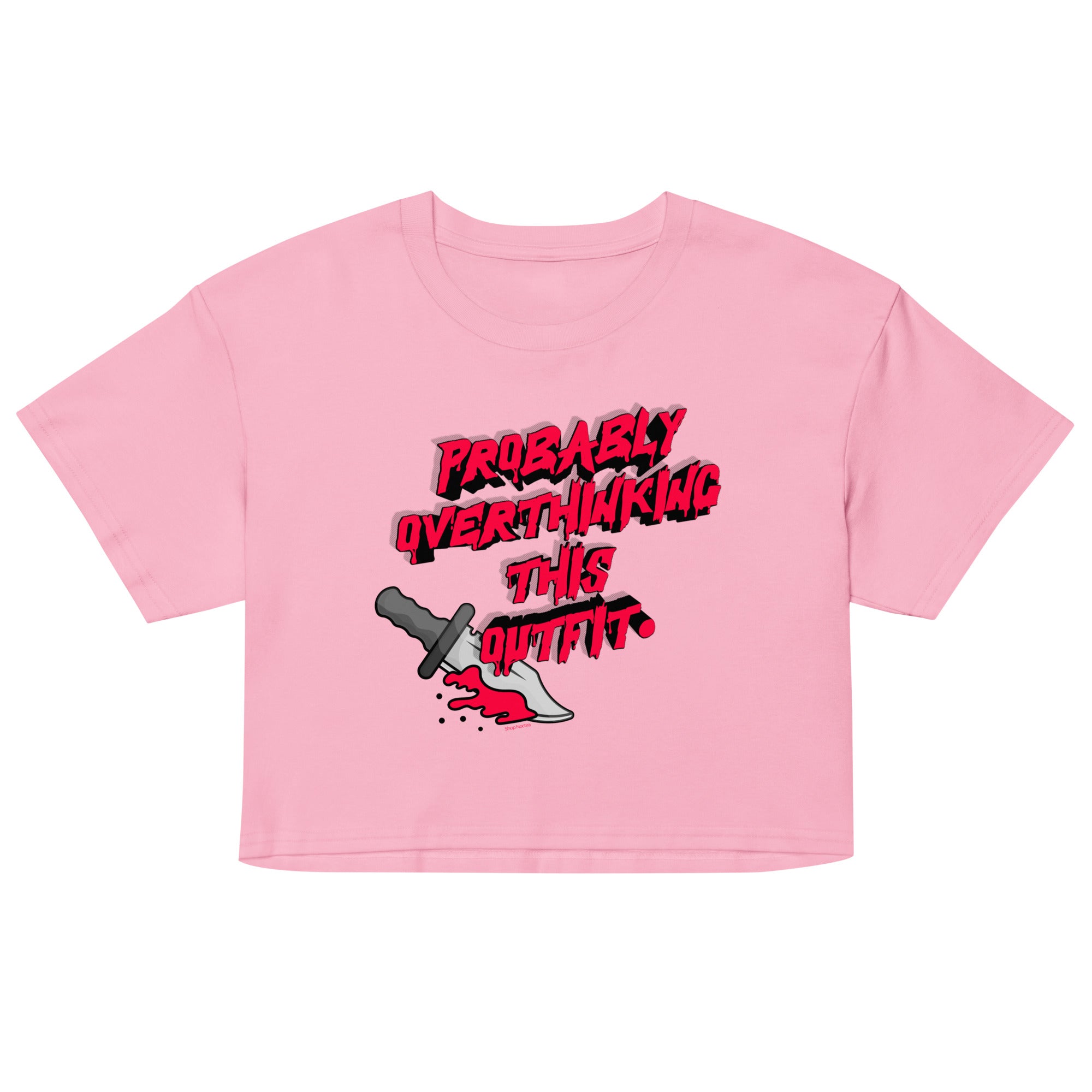 Pink crop top with graphic design and text on a white background