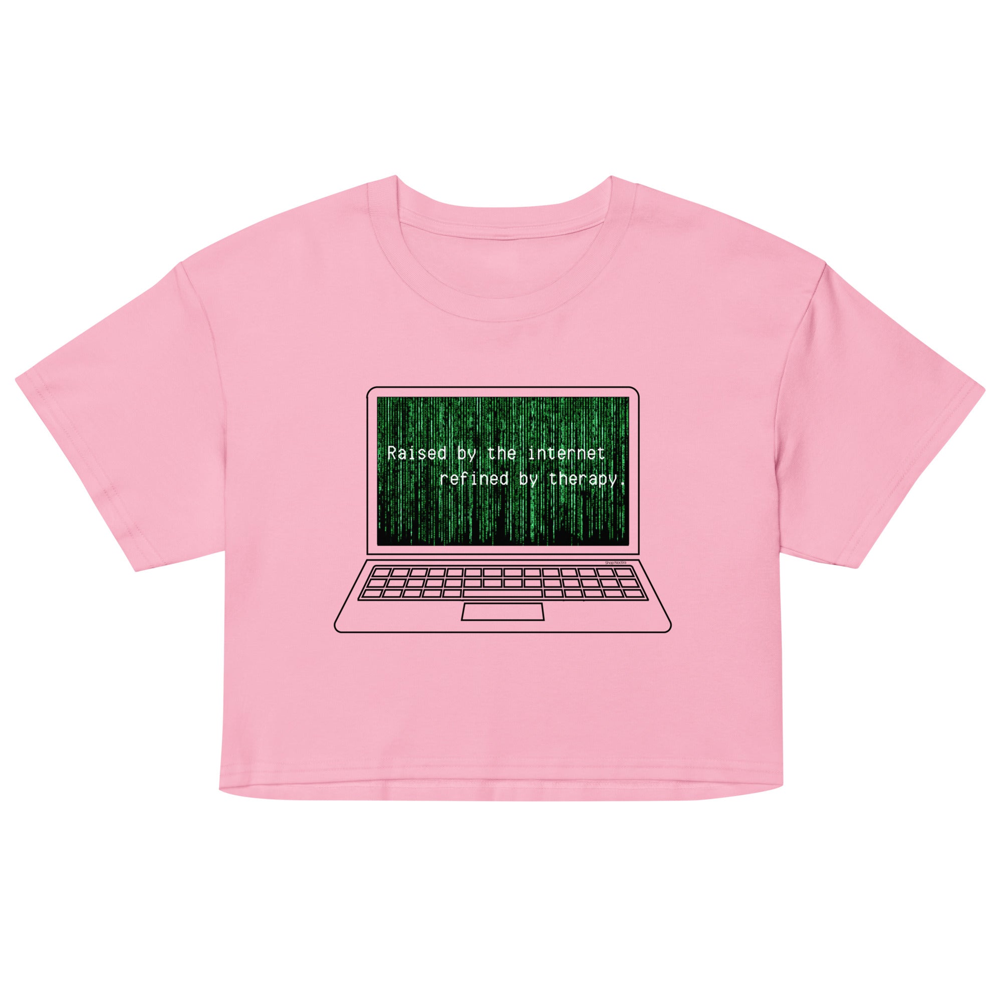 Pink crop top with a graphic of a laptop and text on a white background