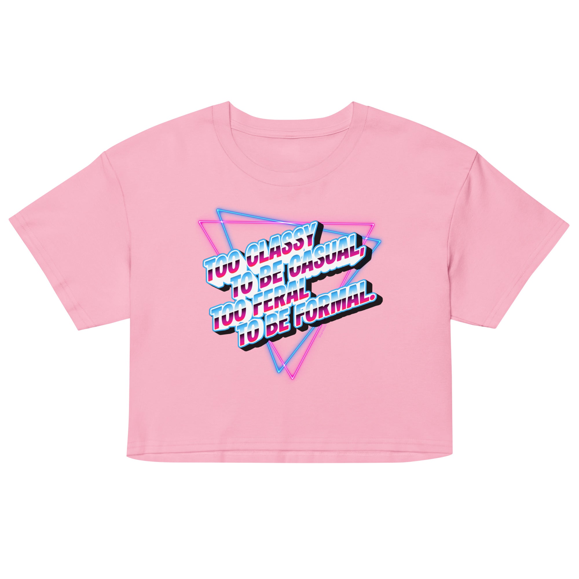 Pink crop top with colorful text design on a white background