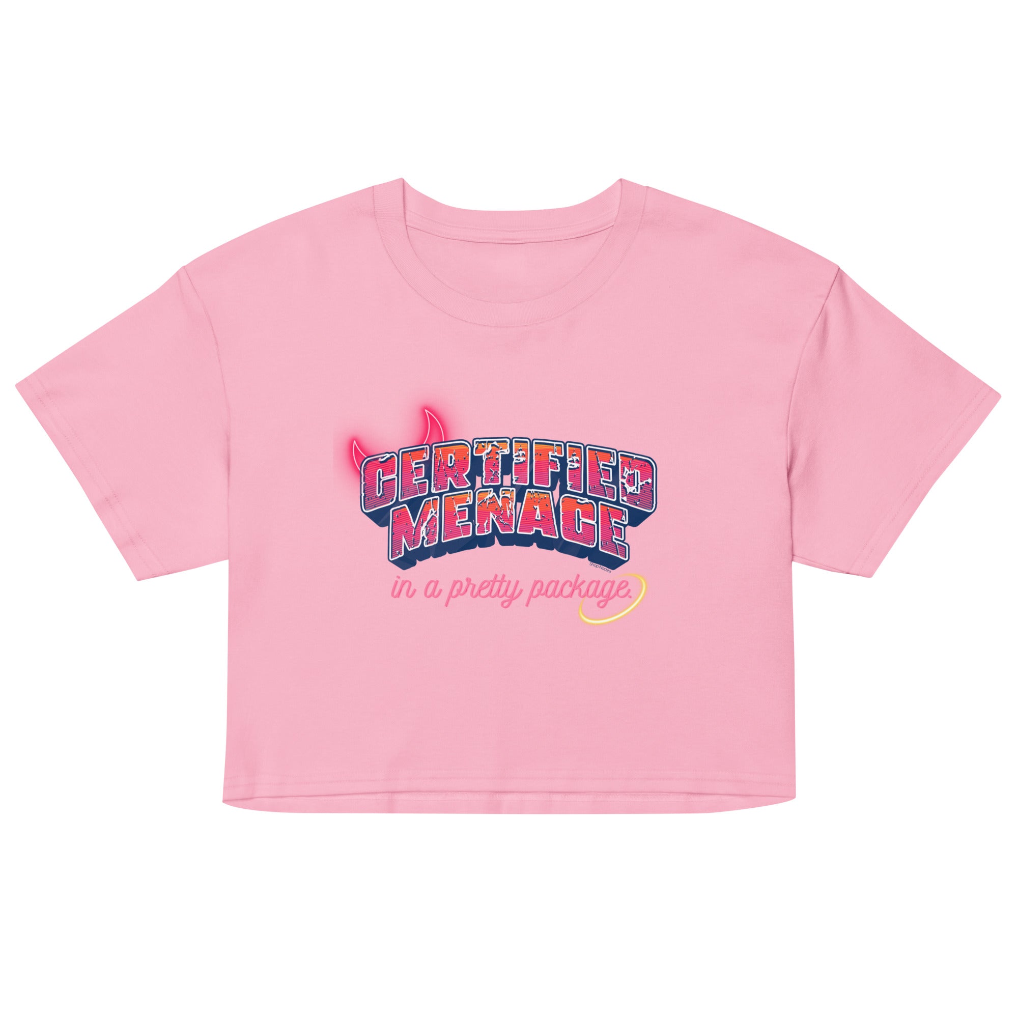 Pink crop top with colorful text design on a white background