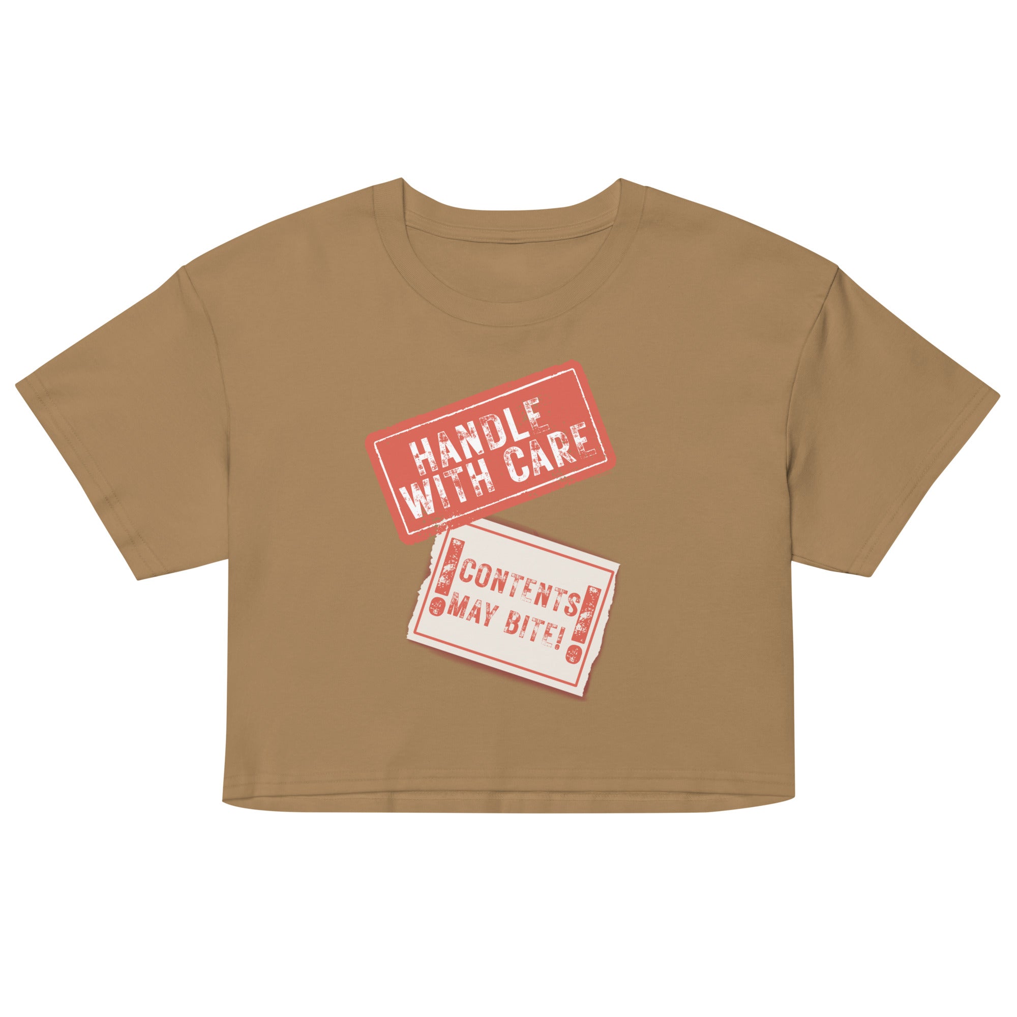 Brown crop top with red and white text graphics on a white background
