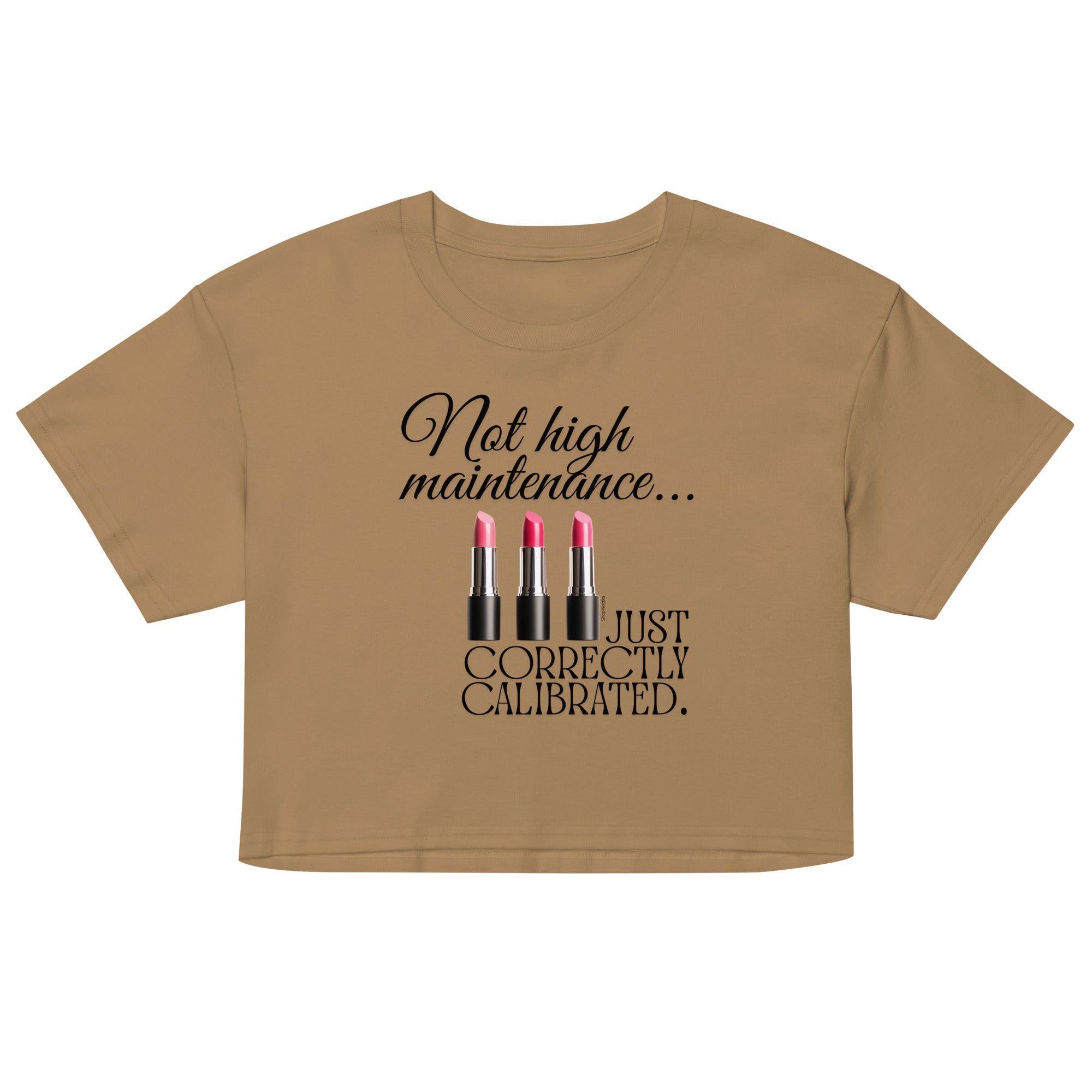 Brown crop top with black text and lipstick graphics on a white background