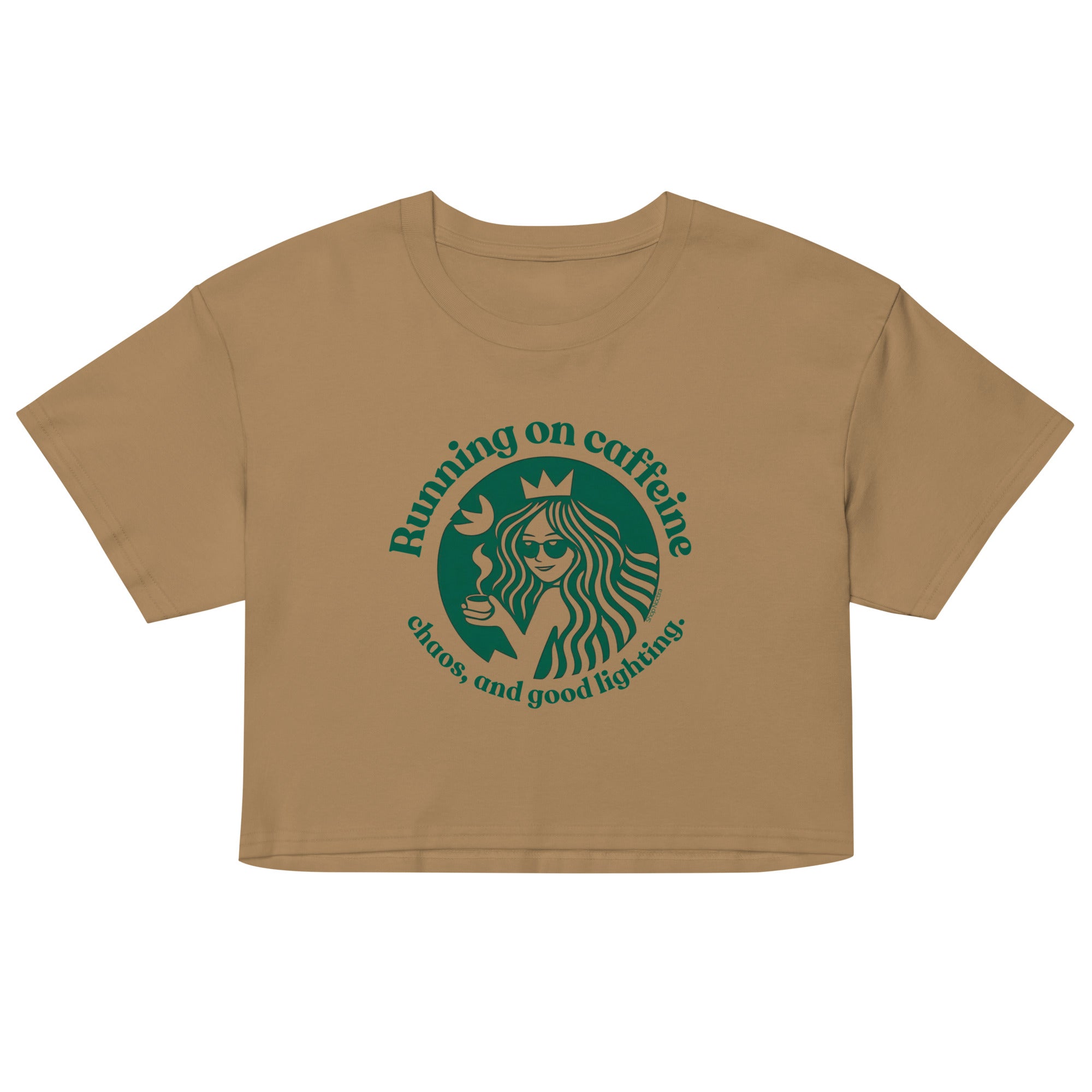 Brown t-shirt with logo and text on a white background