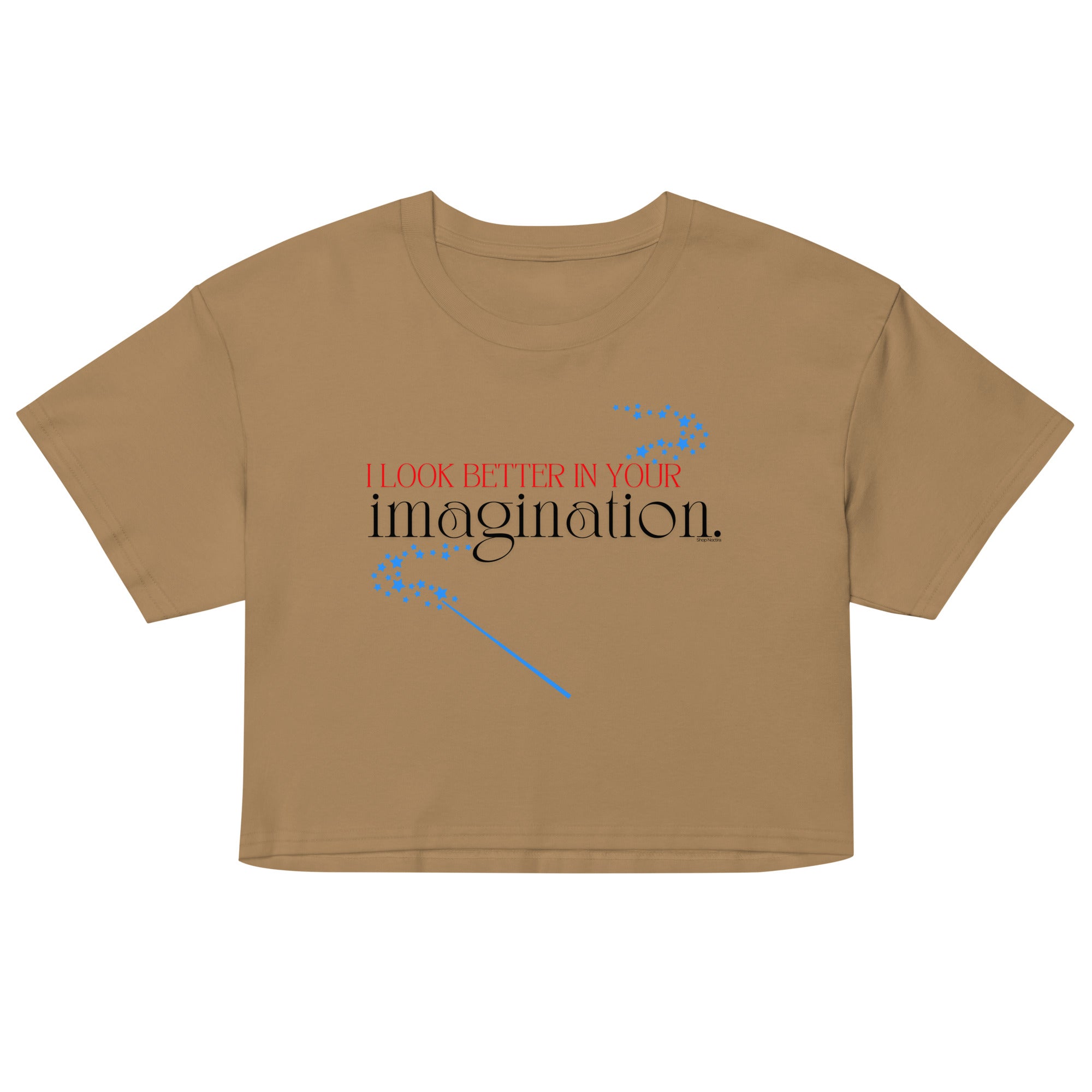 Brown crop top with text and blue design on a white background
