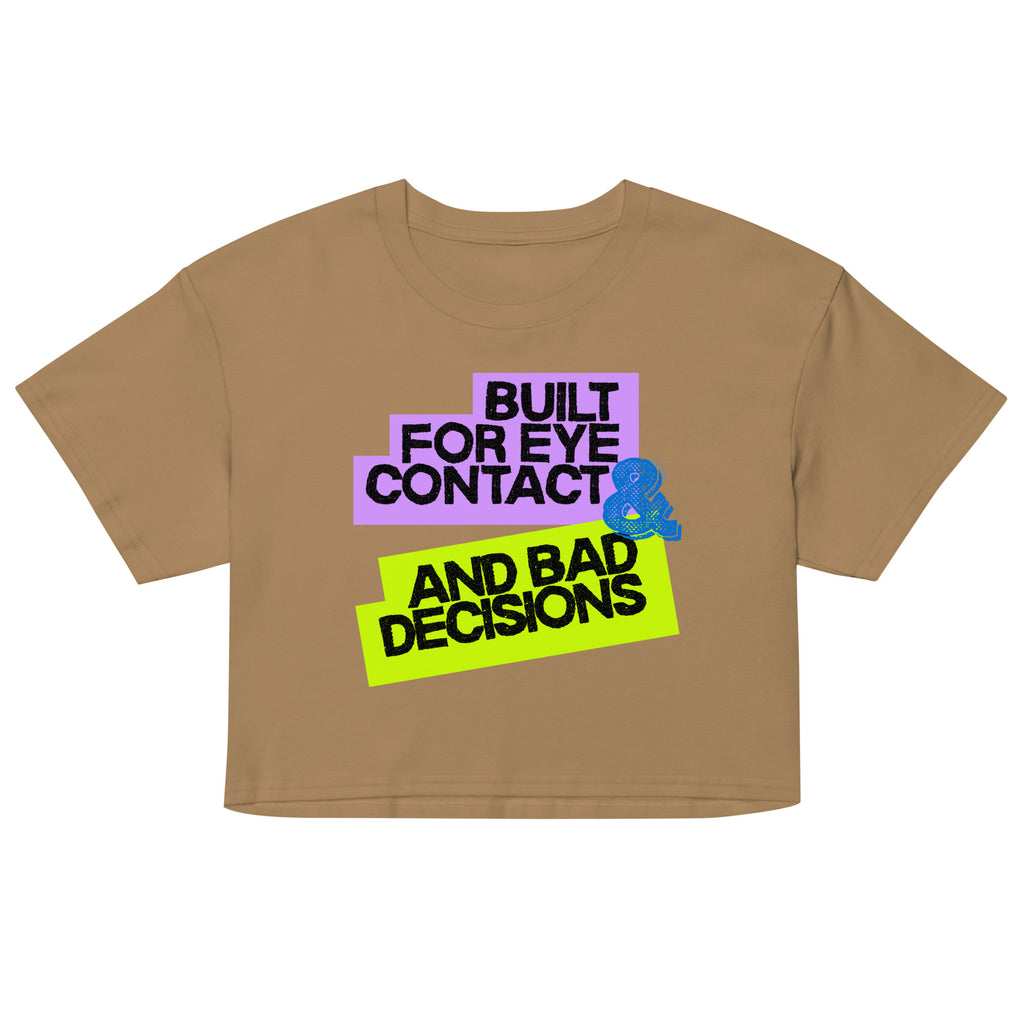 Brown t-shirt with colorful text and graphic on a white background