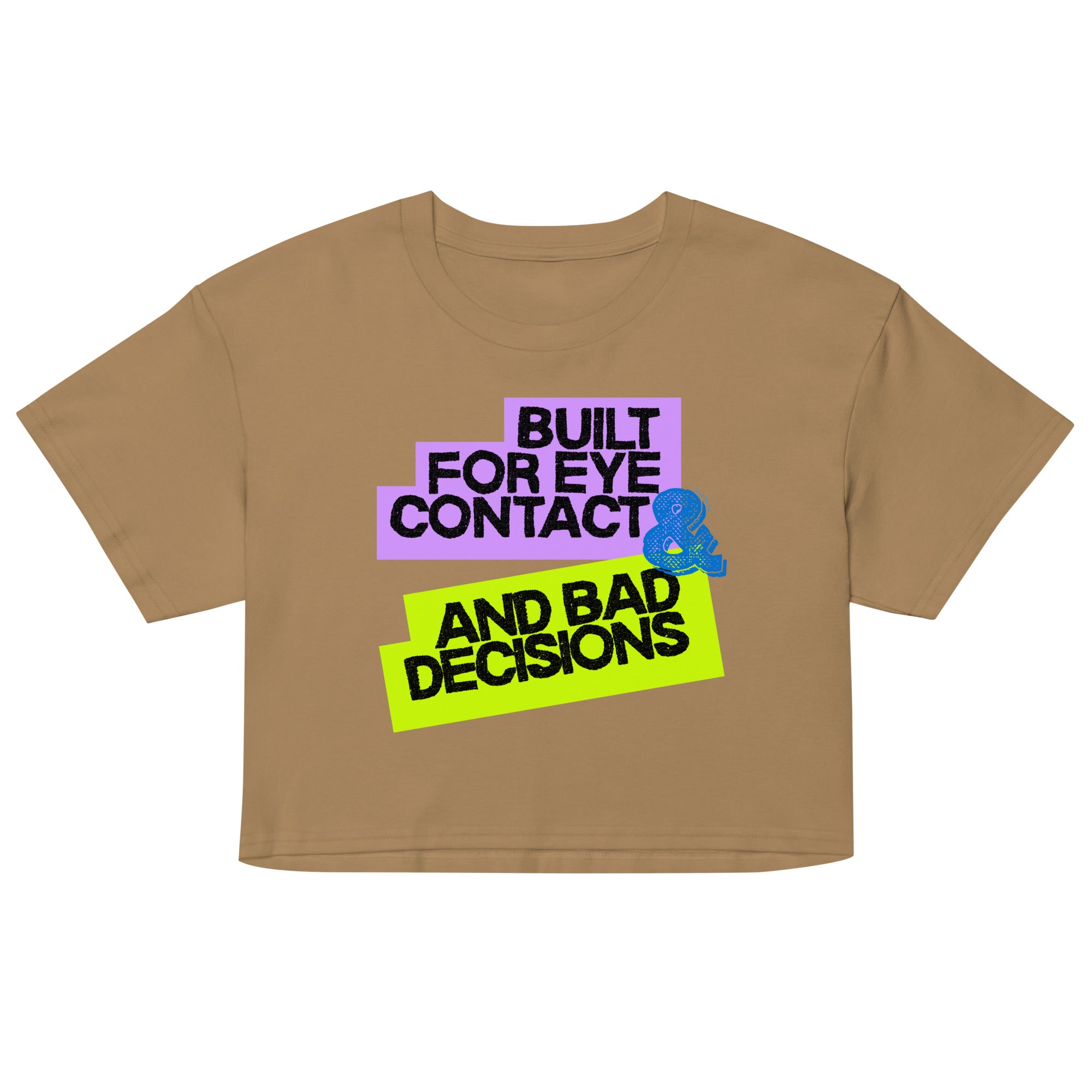 Brown t-shirt with colorful text and graphic on a white background