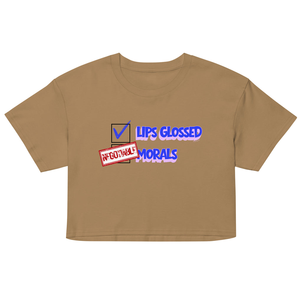 Brown crop top with graphic text design on a white background