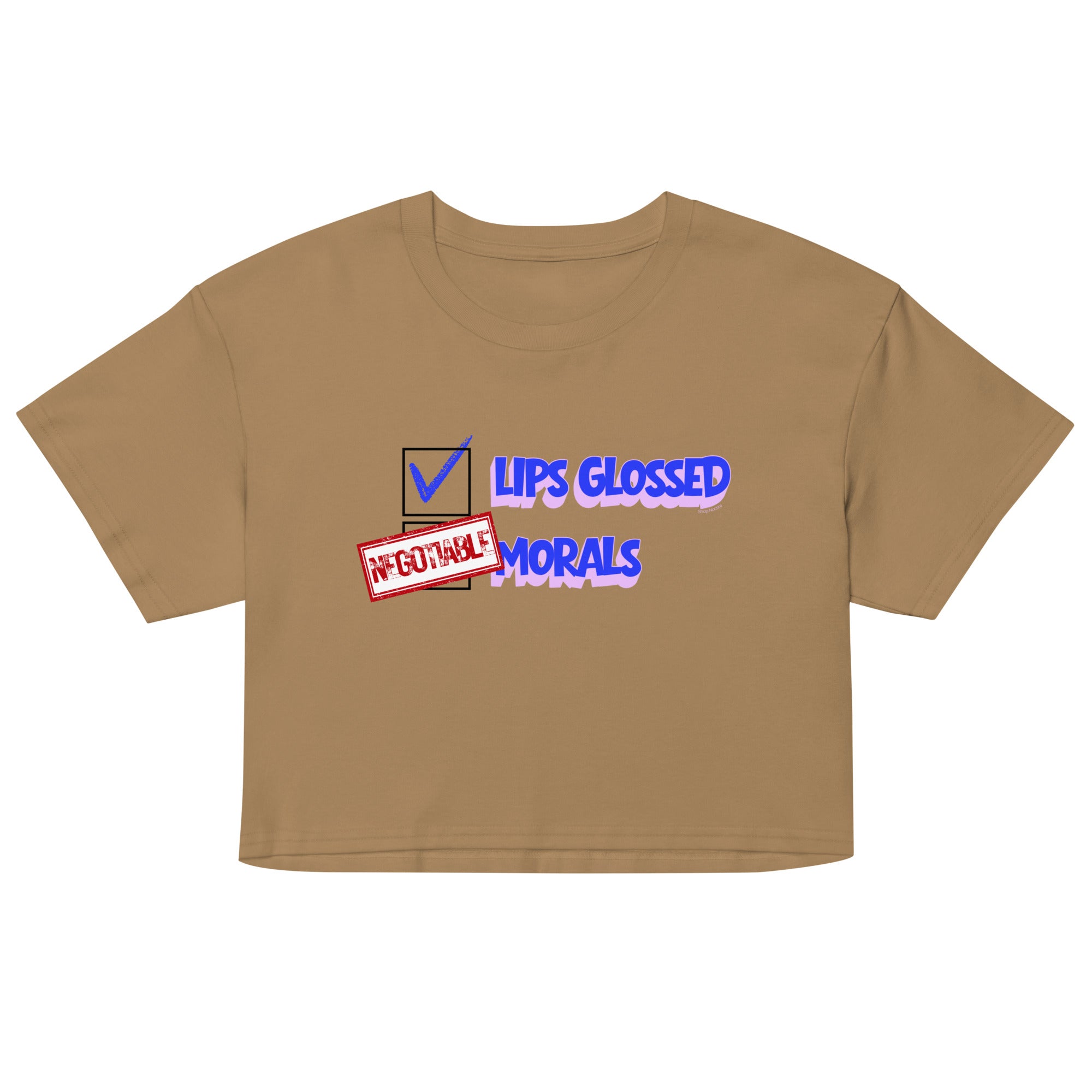 Brown crop top with graphic text design on a white background