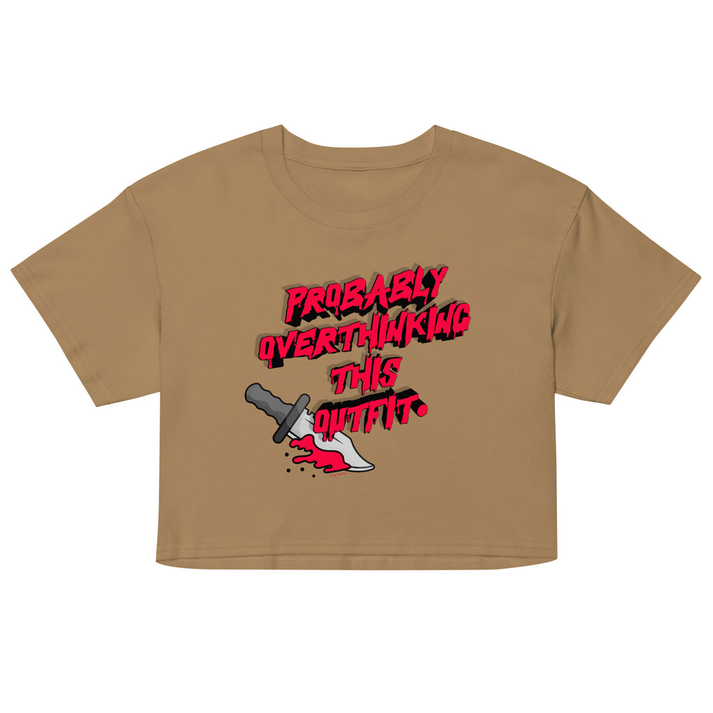 Brown crop top with red and black graphic design on a white background