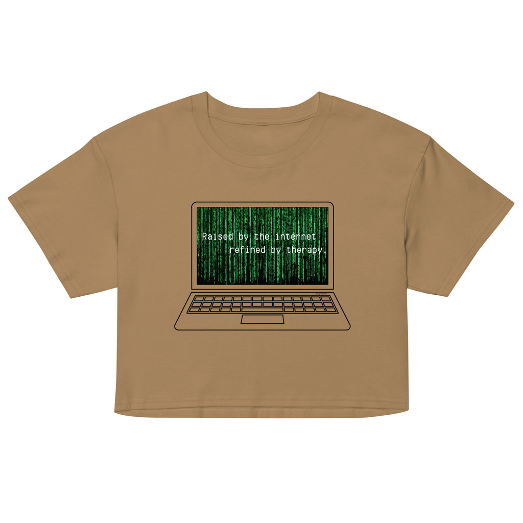 Brown crop top with a graphic of a laptop and text on a white background