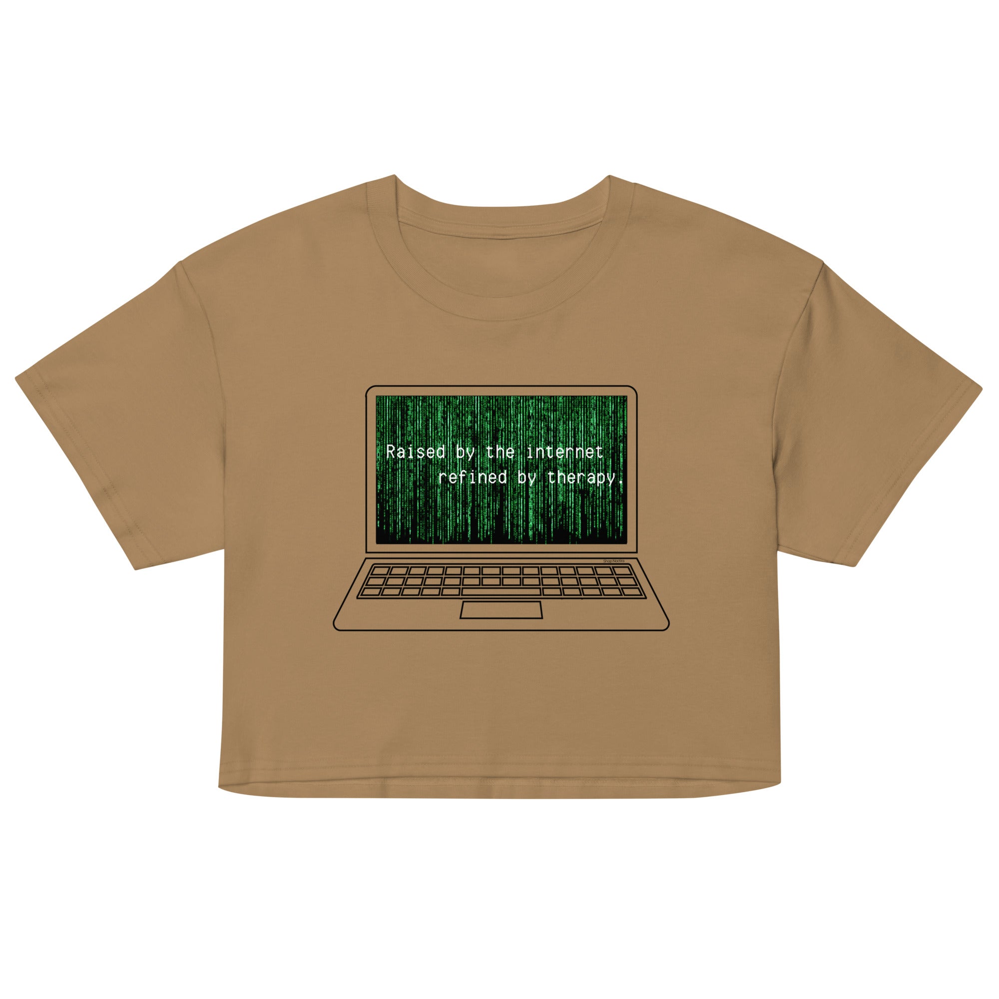 Brown crop top with a graphic of a laptop and text on a white background
