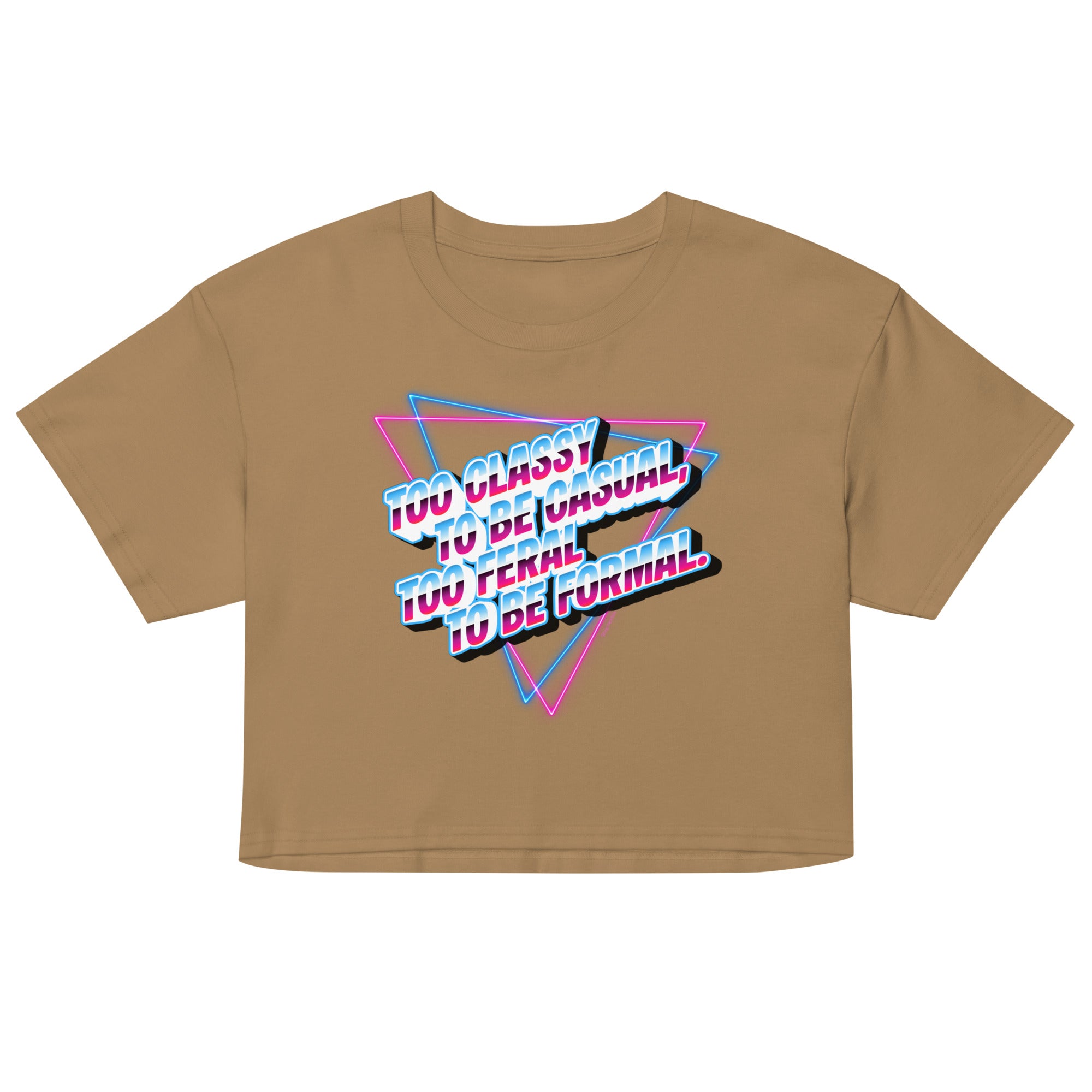 Brown crop top with colorful geometric design and text on a white background