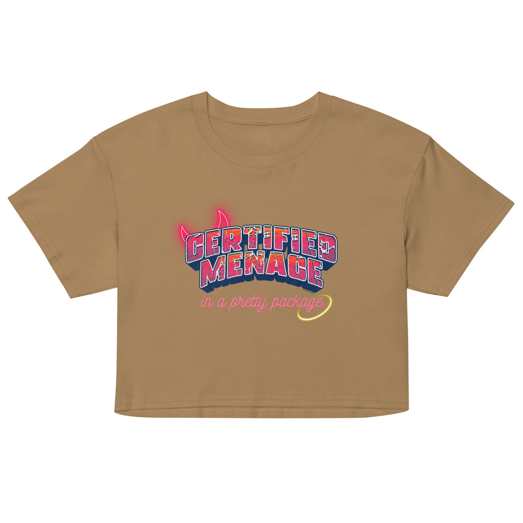 Brown crop top with colorful graphic text on a white background