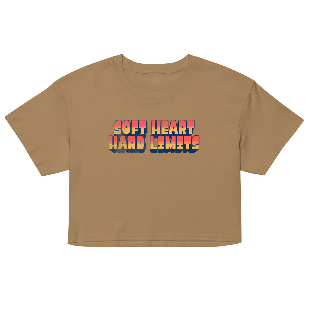 Brown crop top with 'Soft Heart Hard Limits' text on a white background