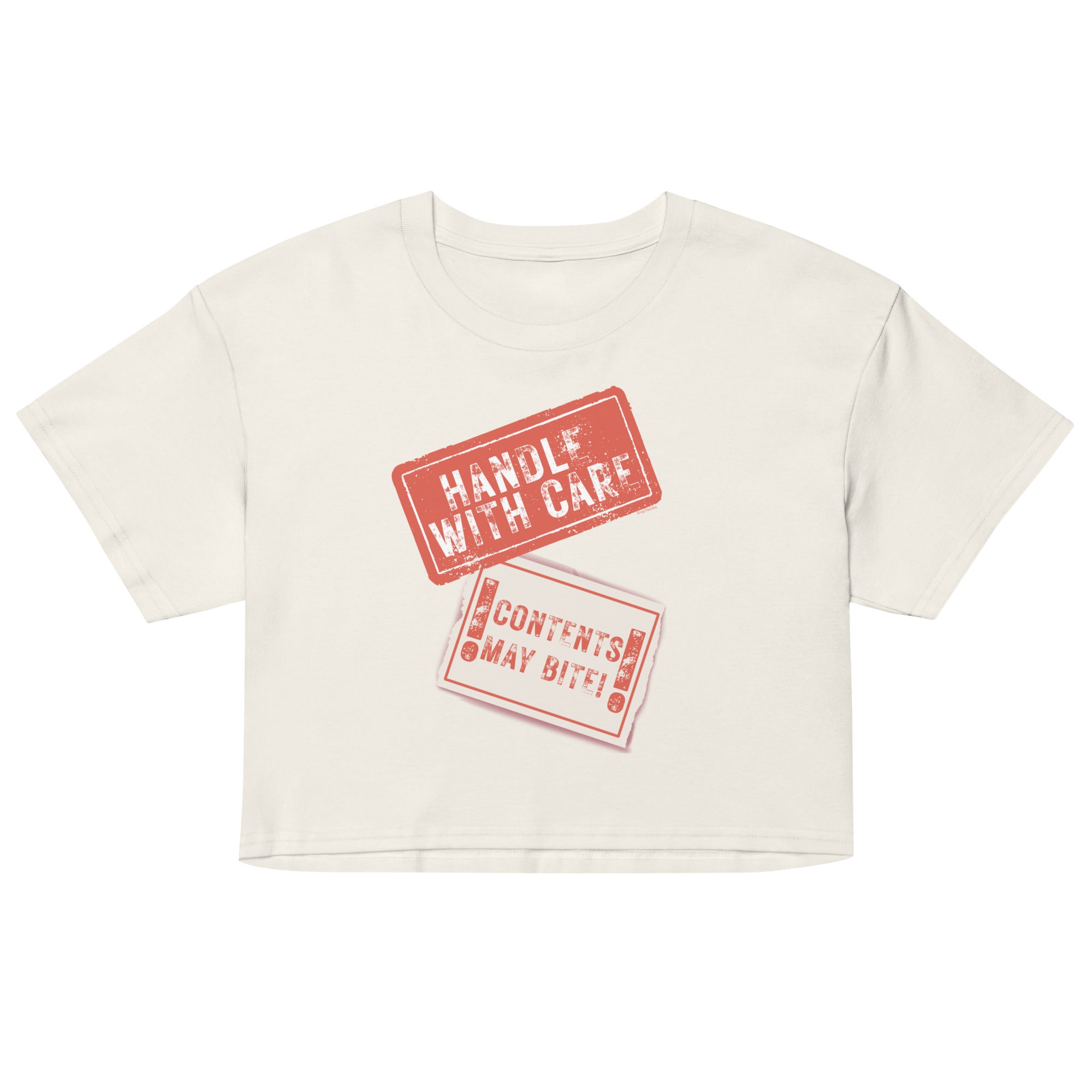 White crop top with red 'Handle with Care' text on a white background
