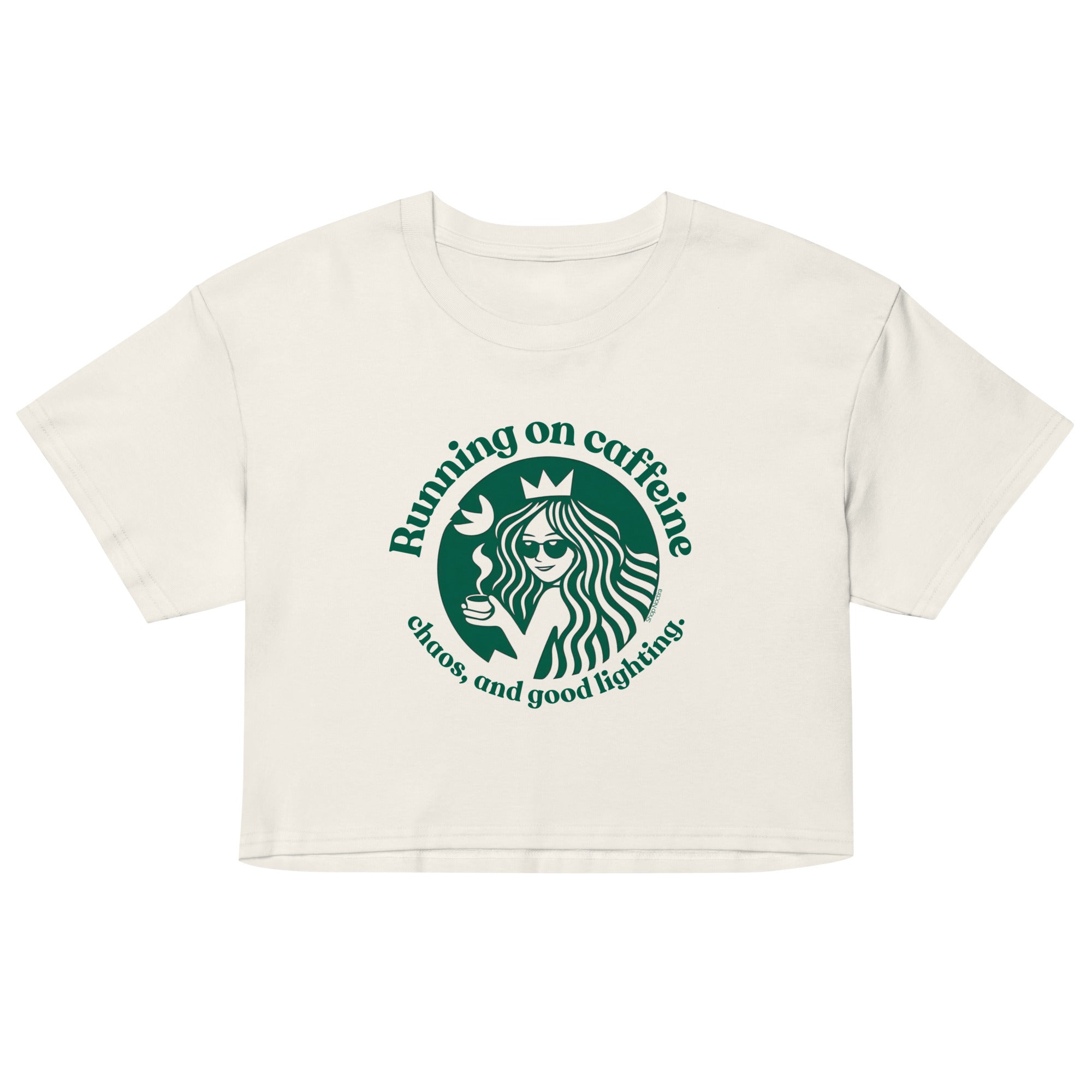 White crop top with logo and text on a white background