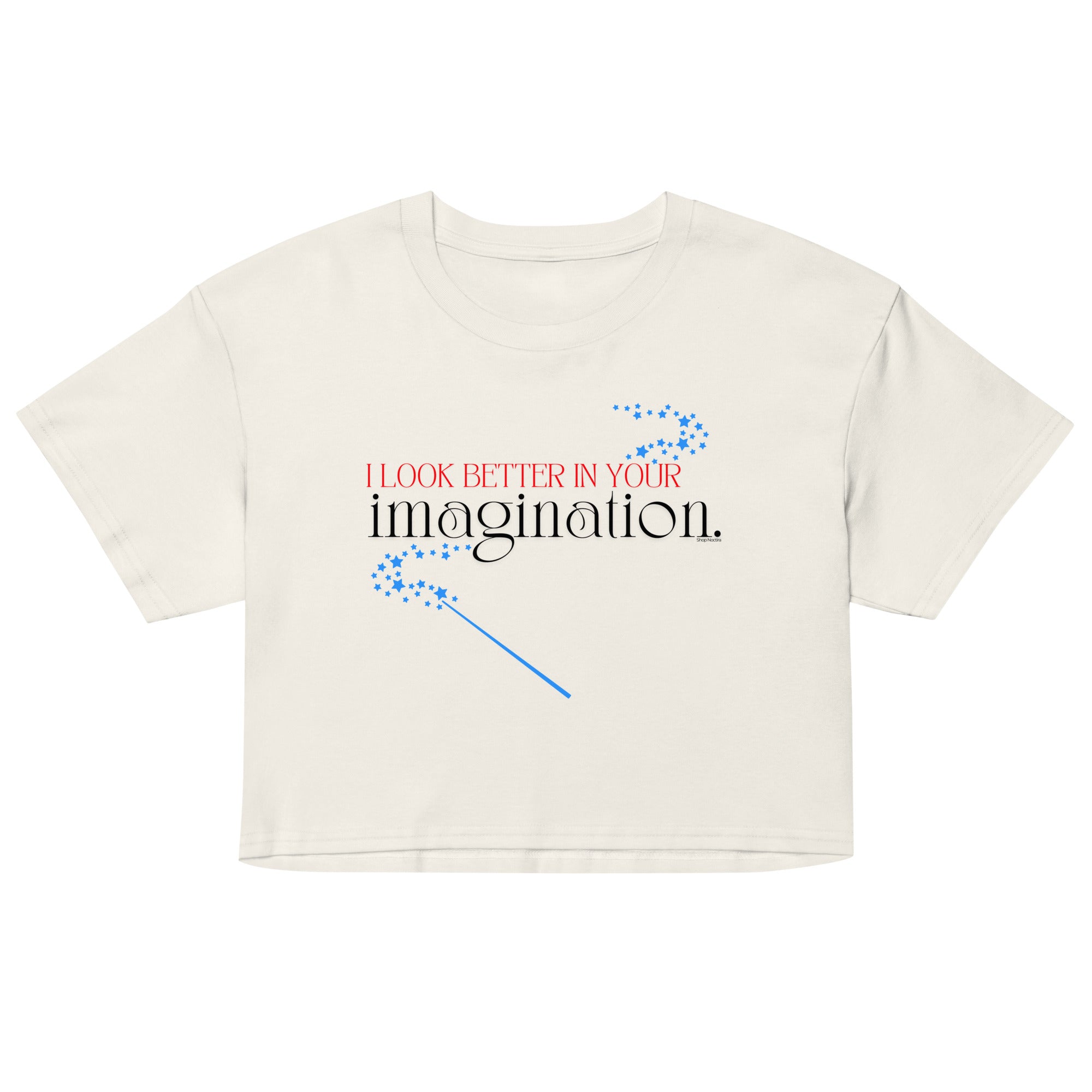 White crop top with text and graphics on a white background