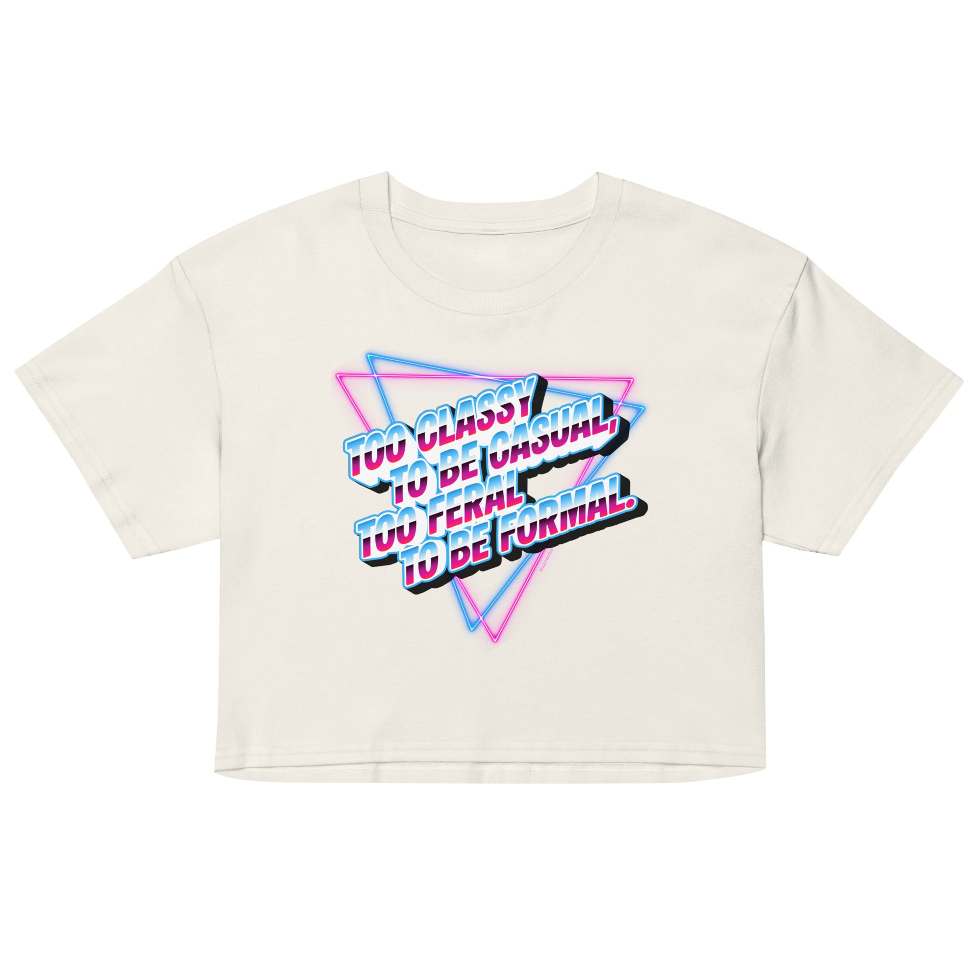 White crop top with colorful text design on a white background