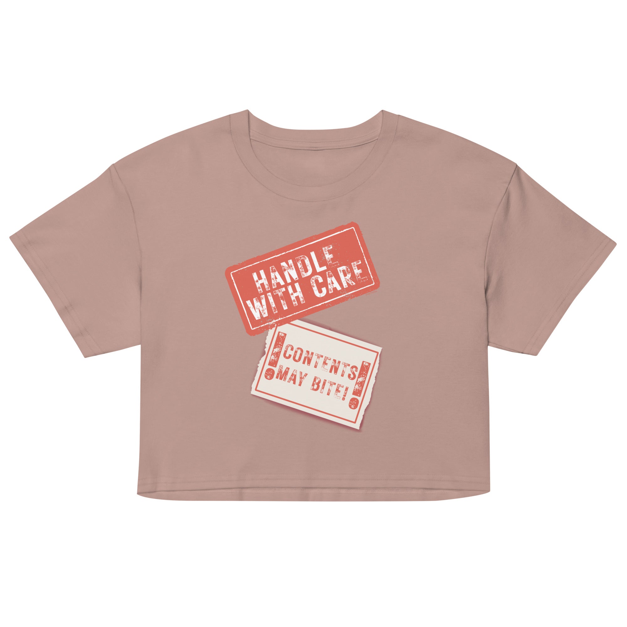 Brown crop top with 'Handle with Care' and 'Contents May Vary' text on a white background