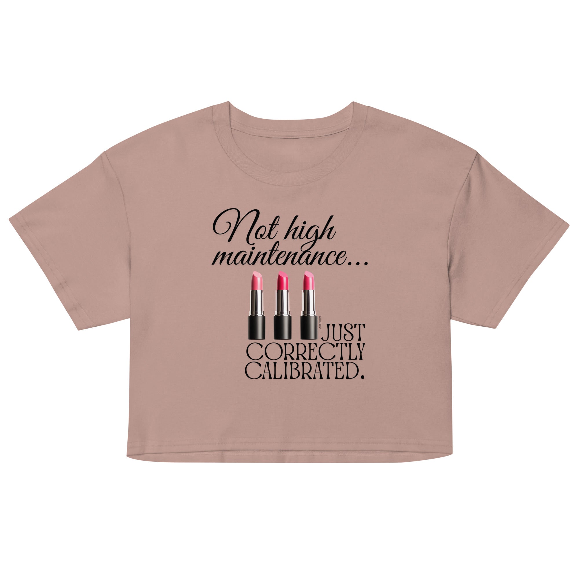 Beige crop top with black text and lipstick graphics on a white background