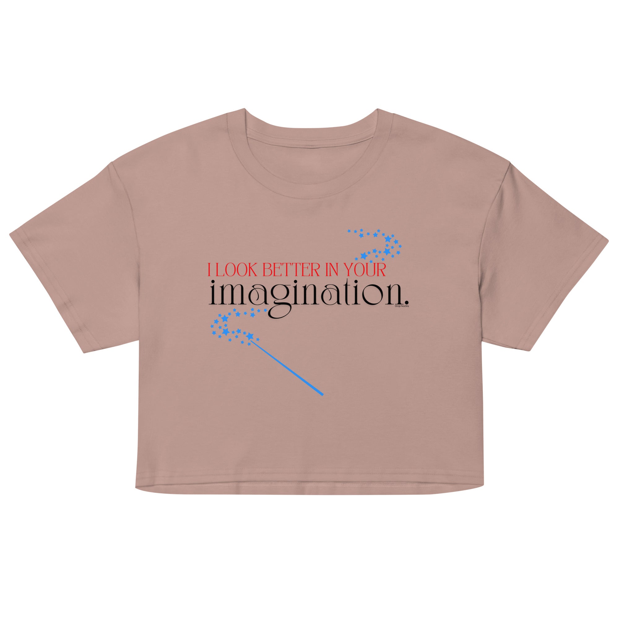 Brown crop top with text and blue designs on a white background