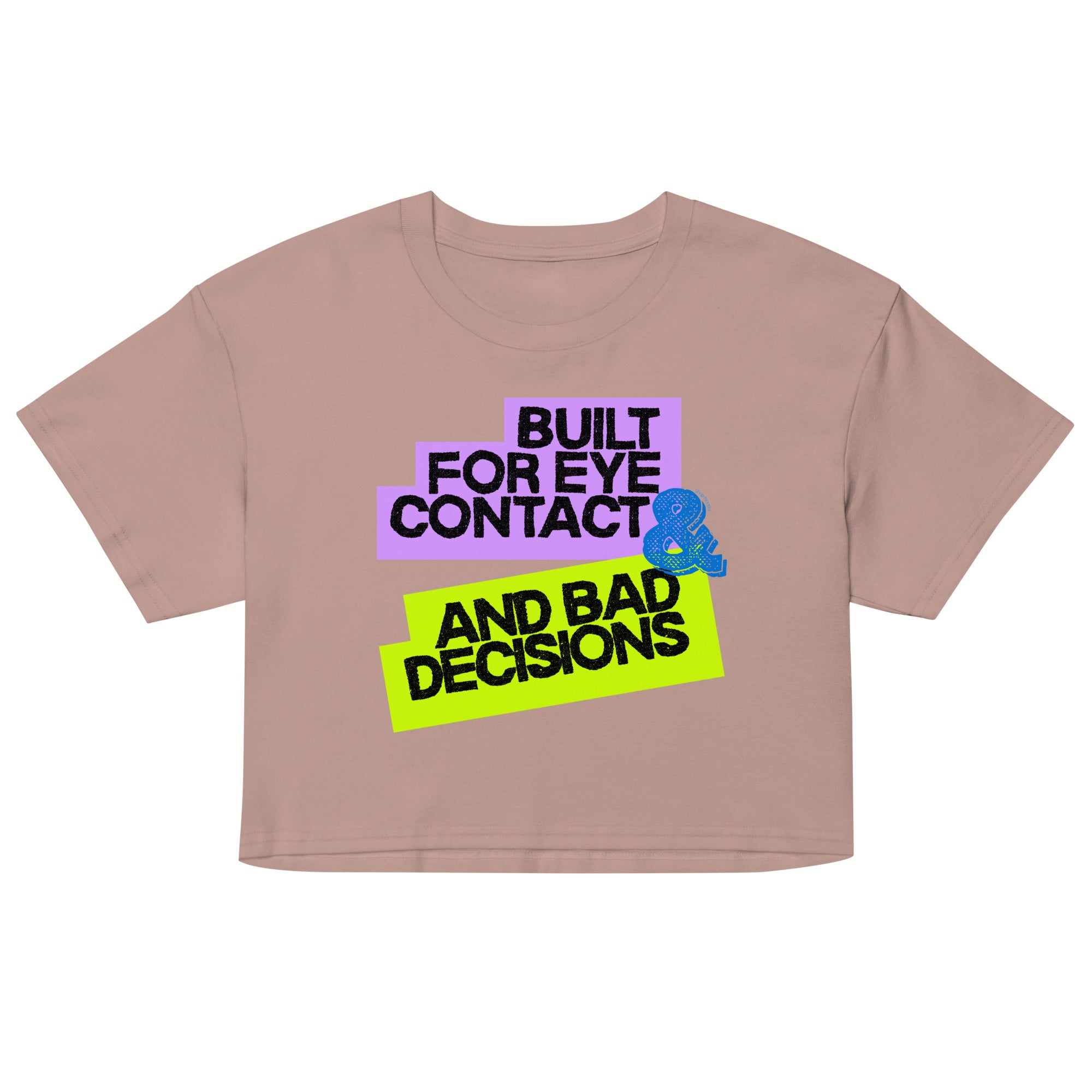 Brown crop top with colorful text and graphic on a white background
