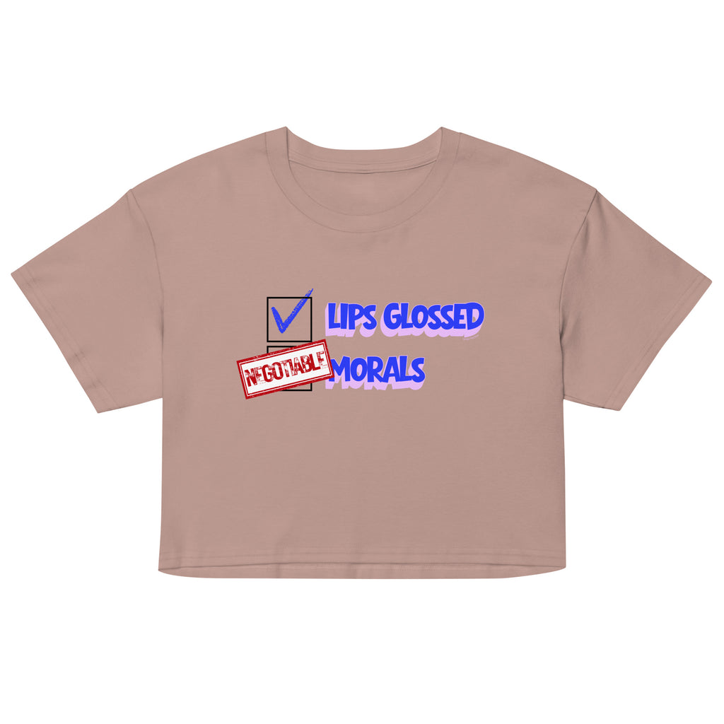 Beige crop top with graphic design and text on a white background