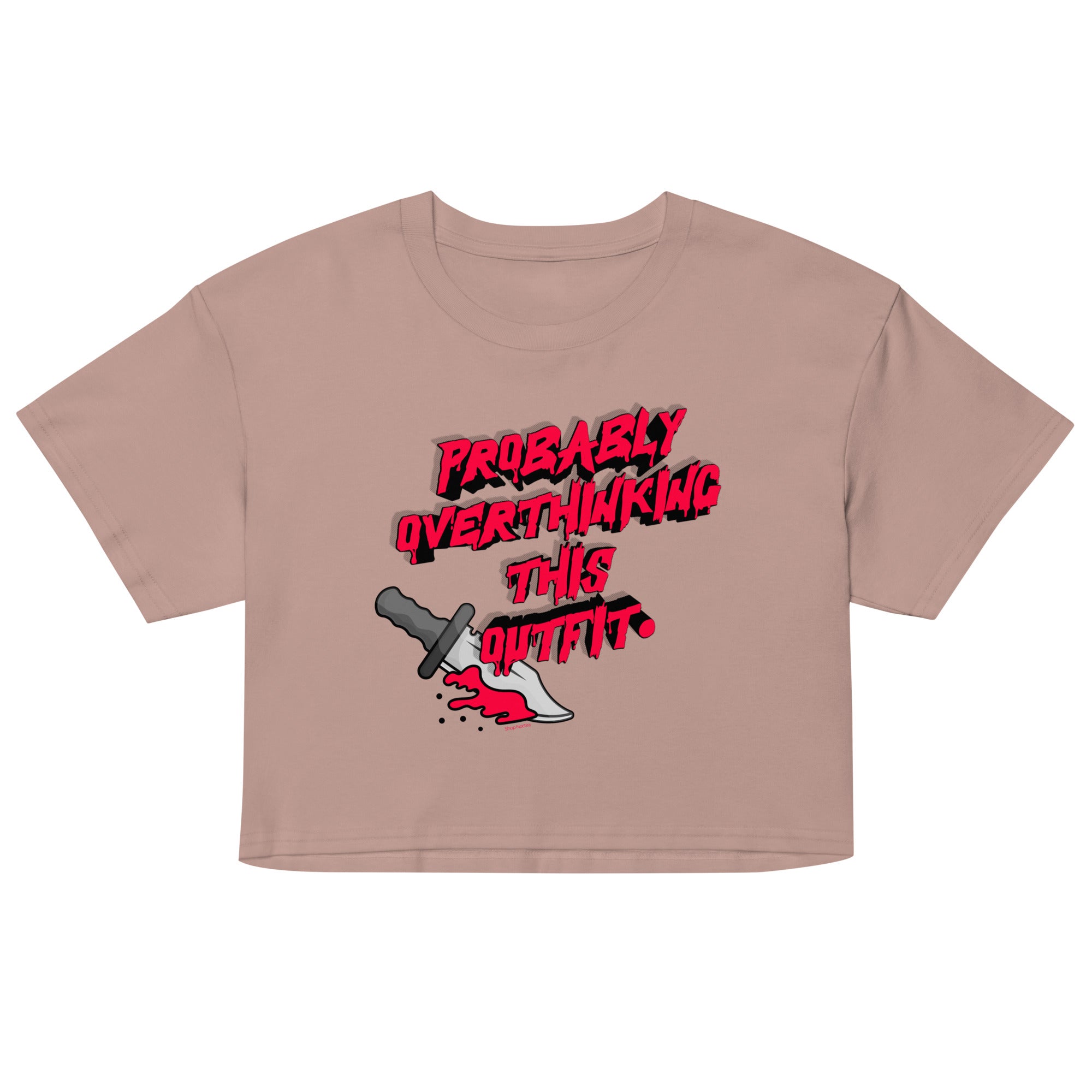 Brown crop top with red and black graphic design on a white background