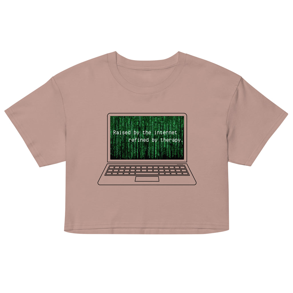 Beige crop top with a graphic of a laptop with text on the screen and a keyboard.