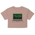 Beige crop top with a graphic of a laptop with text on the screen and a keyboard.