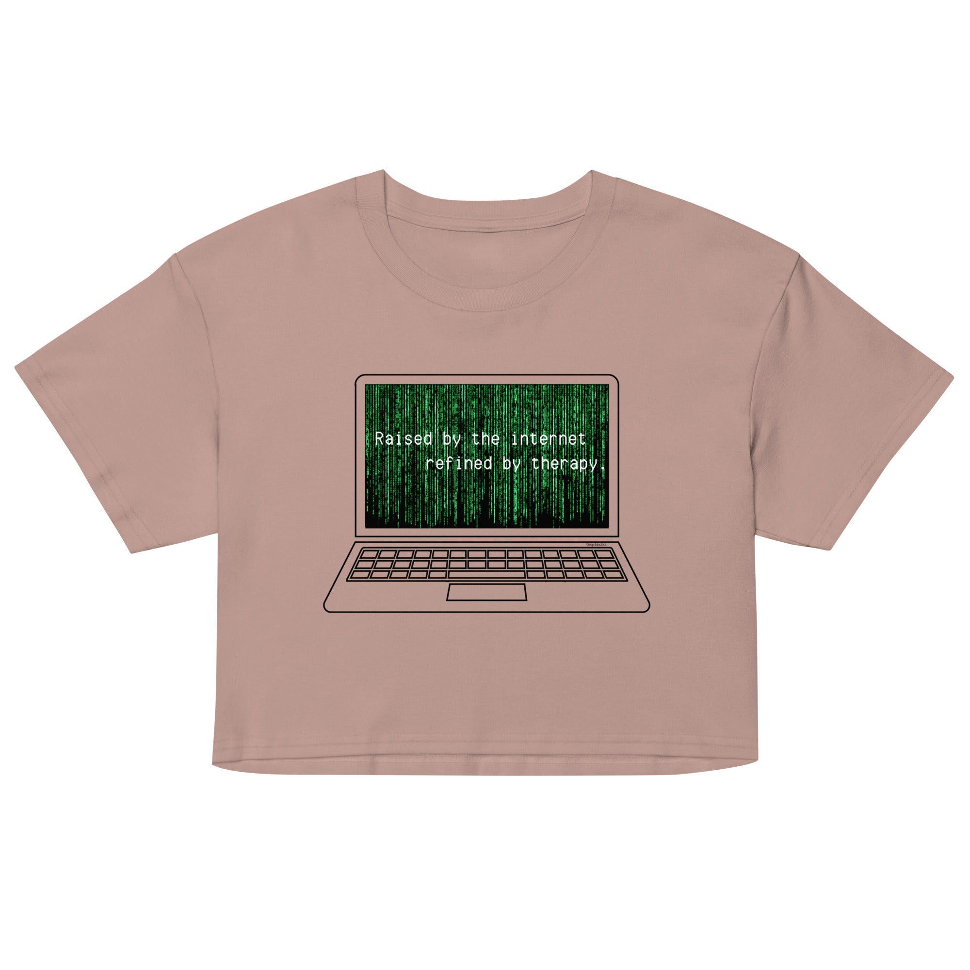Beige crop top with a graphic of a laptop with text on the screen and a keyboard.