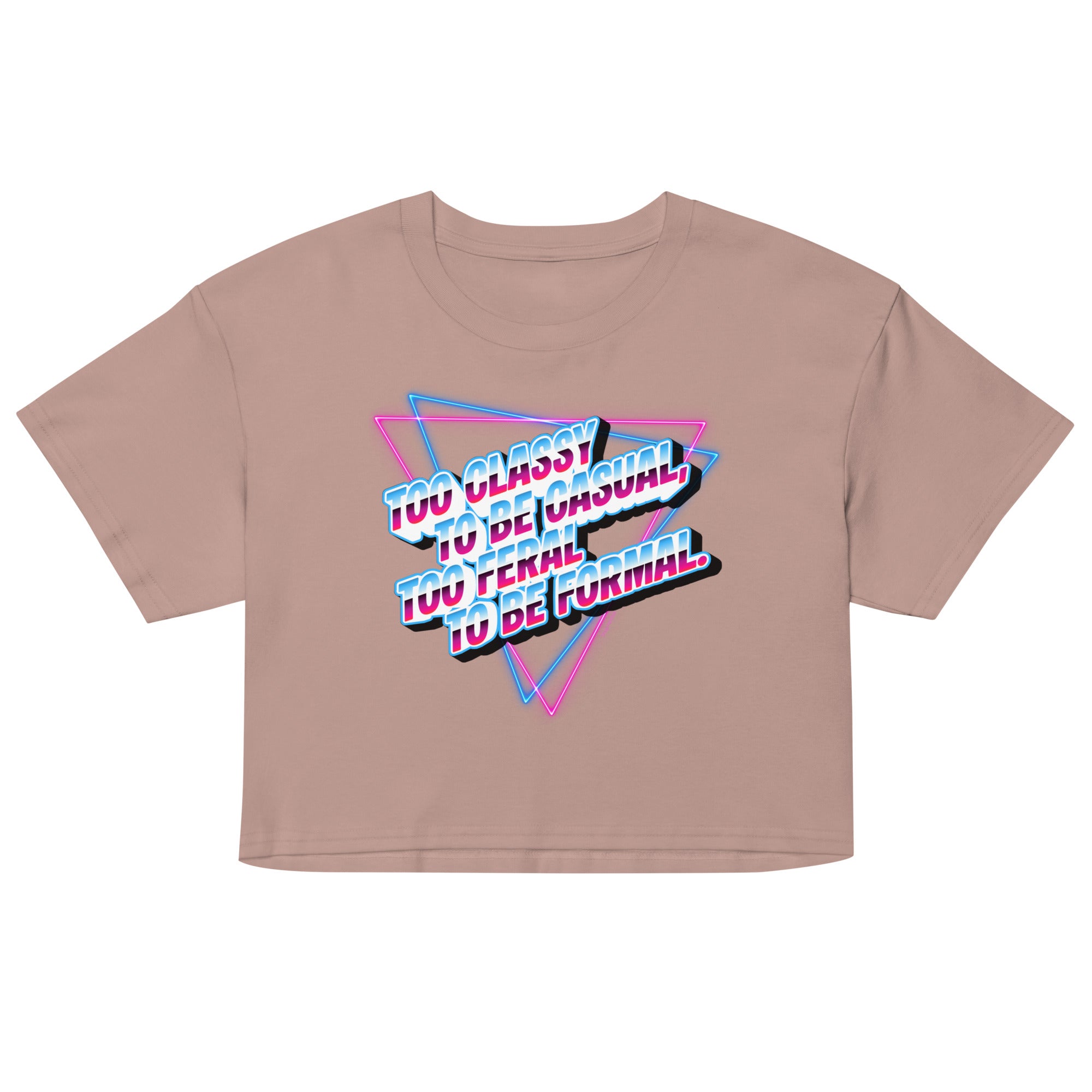 Brown crop top with colorful text design on a white background