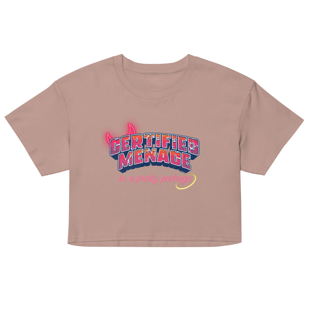 Beige crop top with colorful text design on a white background