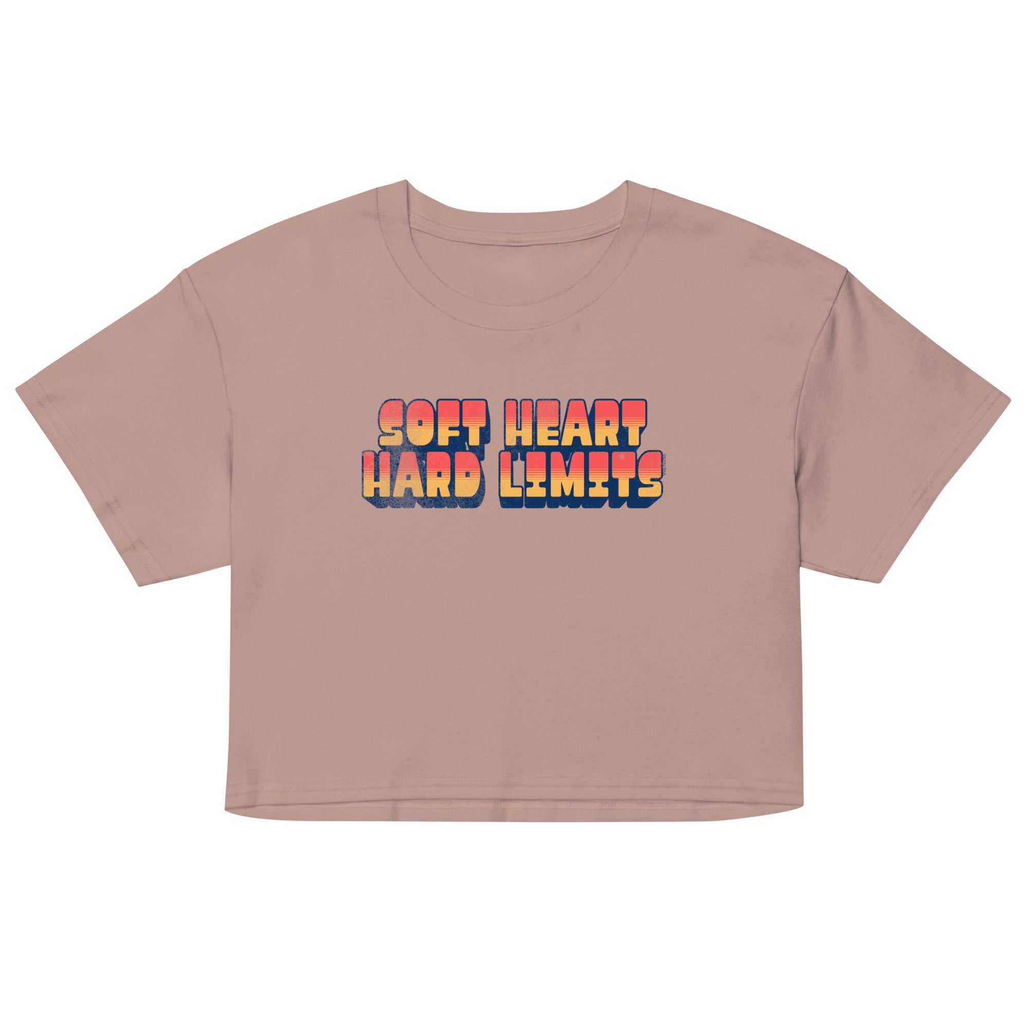 Brown crop top with 'Soft Heart Hard Limits' text on a white background