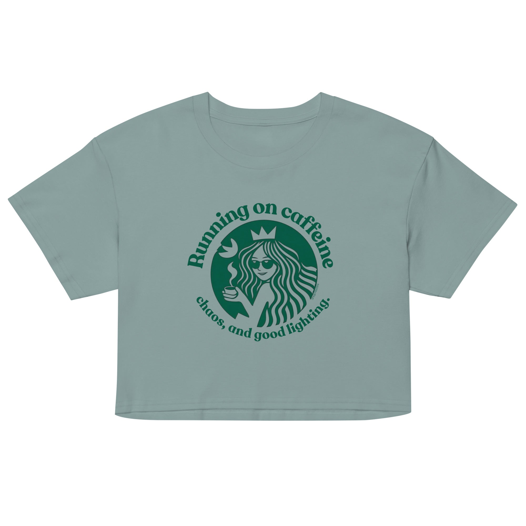 Light blue crop top with logo and text on a white background