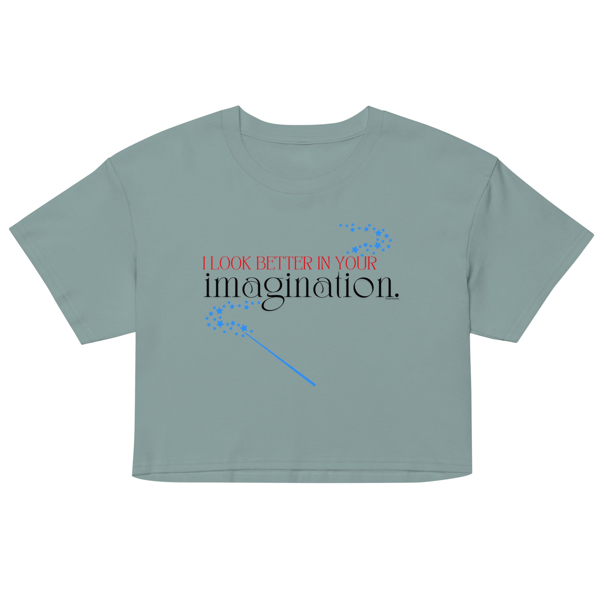 Green crop top with text and blue wand graphic on a white background