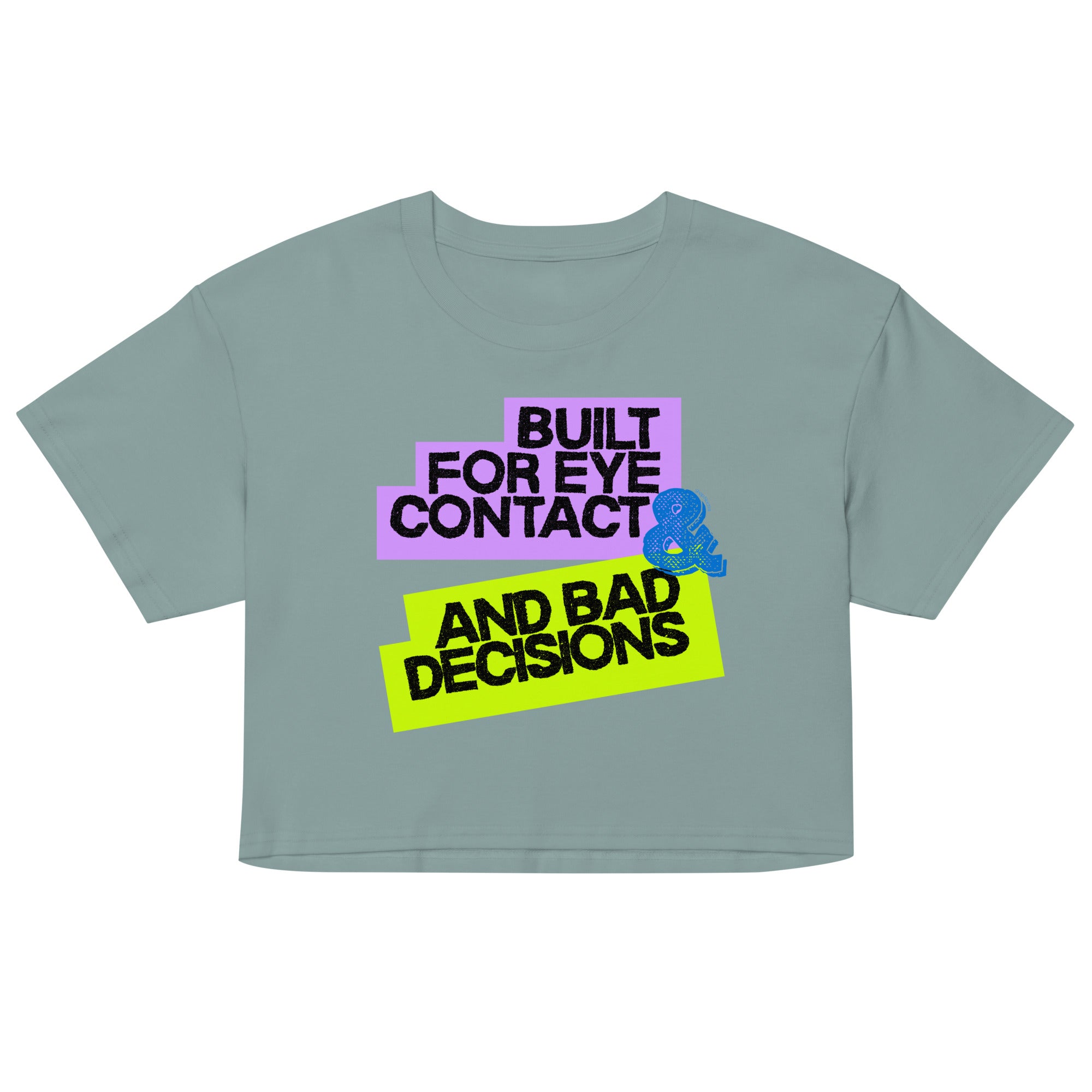 Gray crop top with colorful text and graphic on a white background