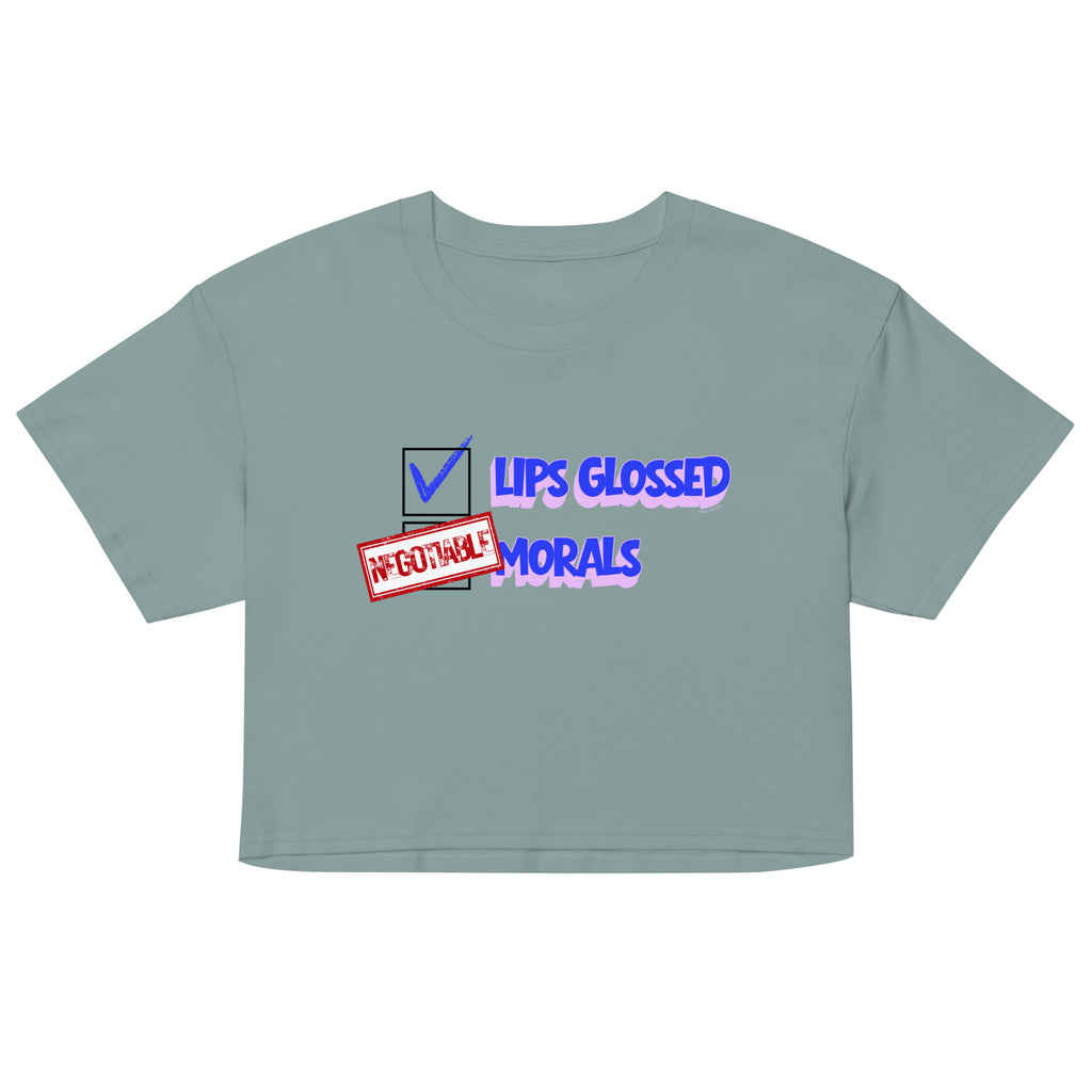 Light gray crop top with graphic text design on a white background
