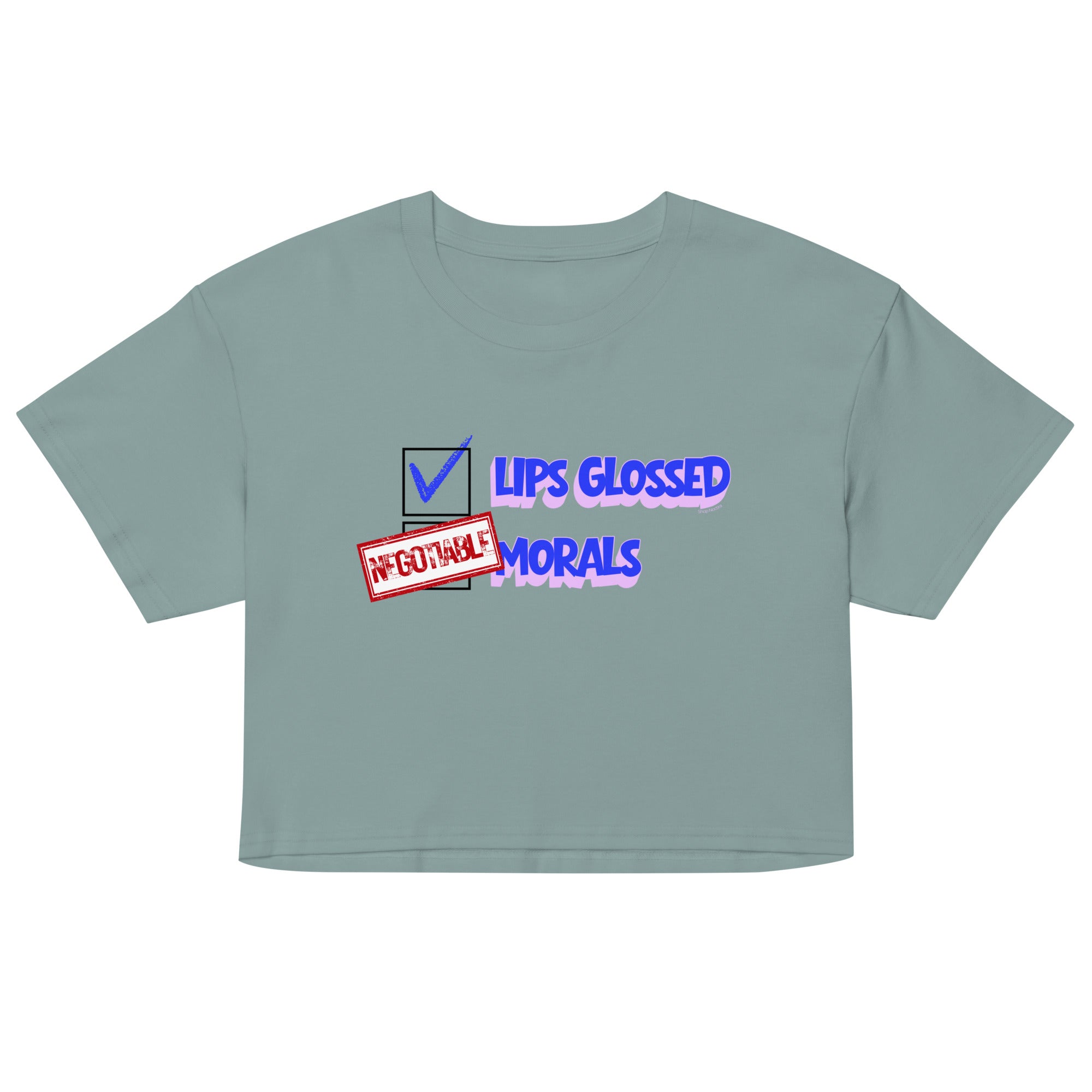 Light gray crop top with graphic text design on a white background