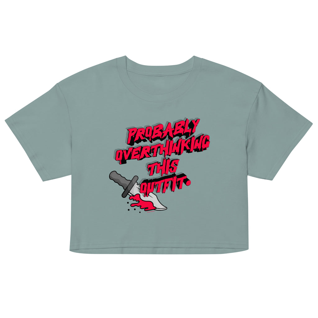 Light gray crop top with red and black text and graphic on a white background