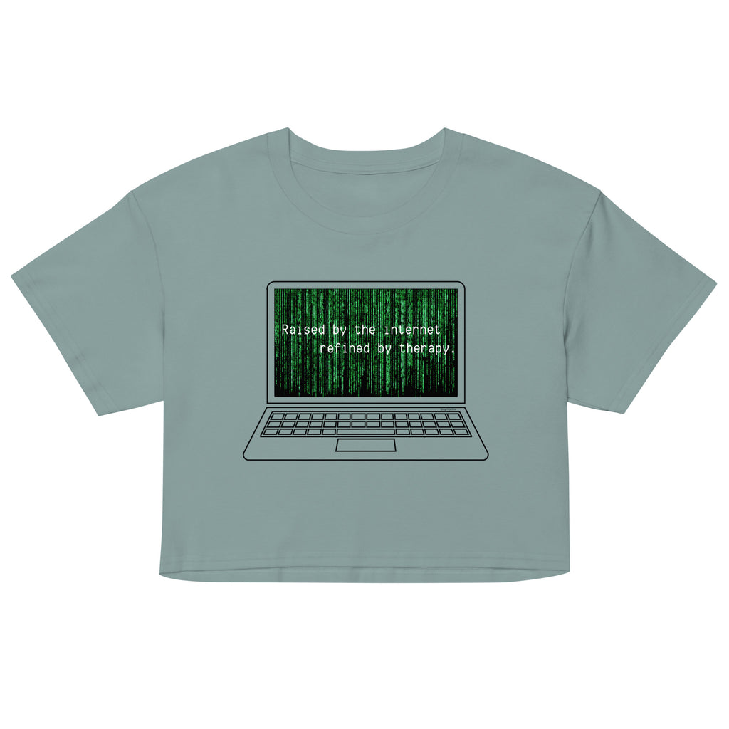 Light blue crop top with a graphic of a laptop and text on a white background