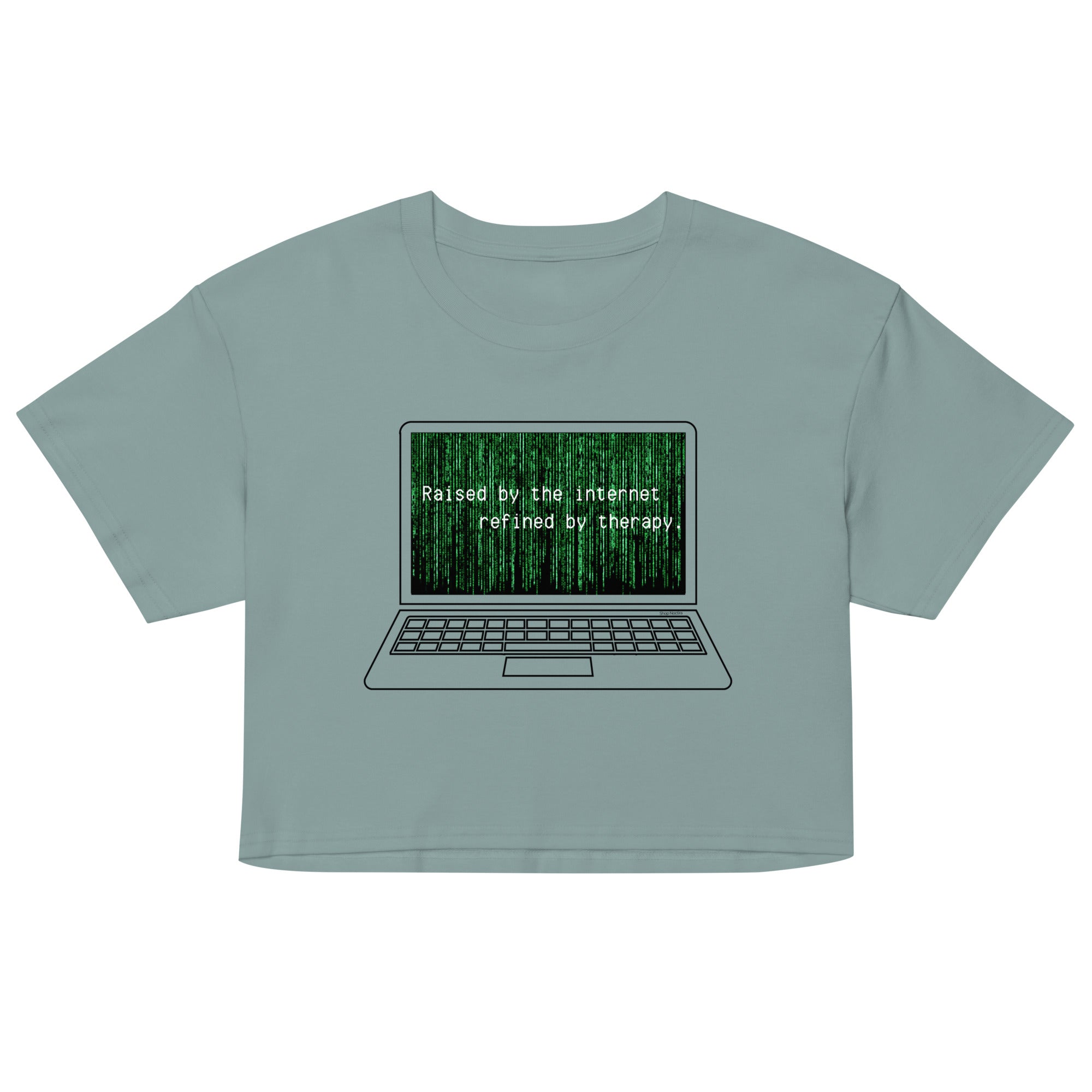 Light blue crop top with a graphic of a laptop and text on a white background